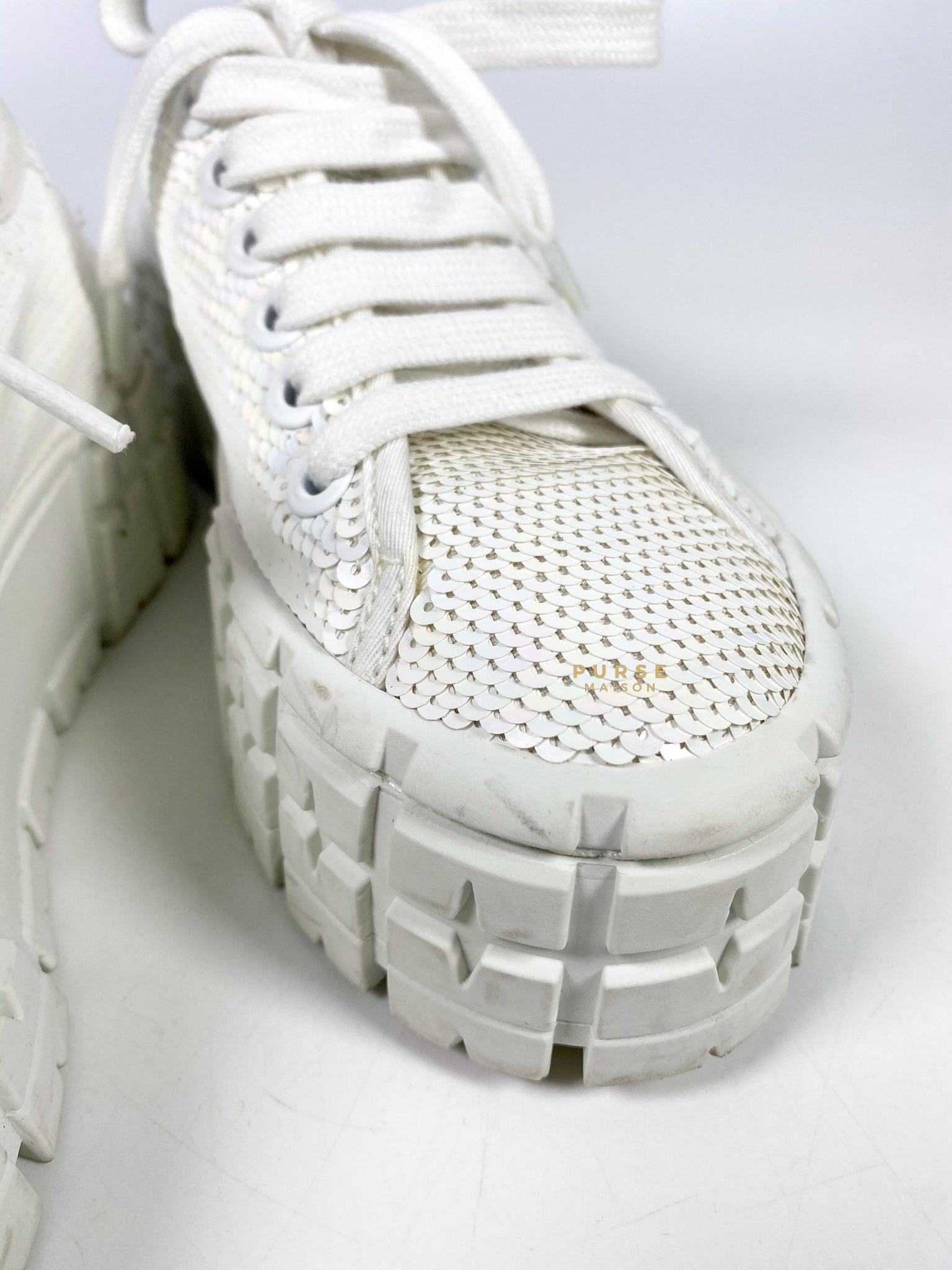 Prada Paillettes Wheel Lug-Sole Platform White Sneakers (Size 35, 23cm)