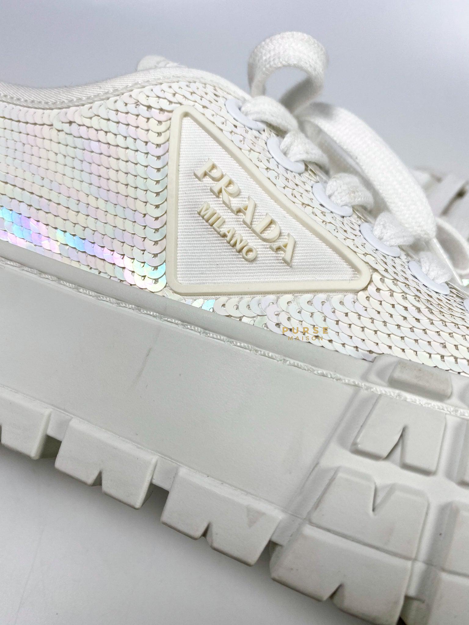 Prada Paillettes Wheel Lug Sole Platform White Sneakers