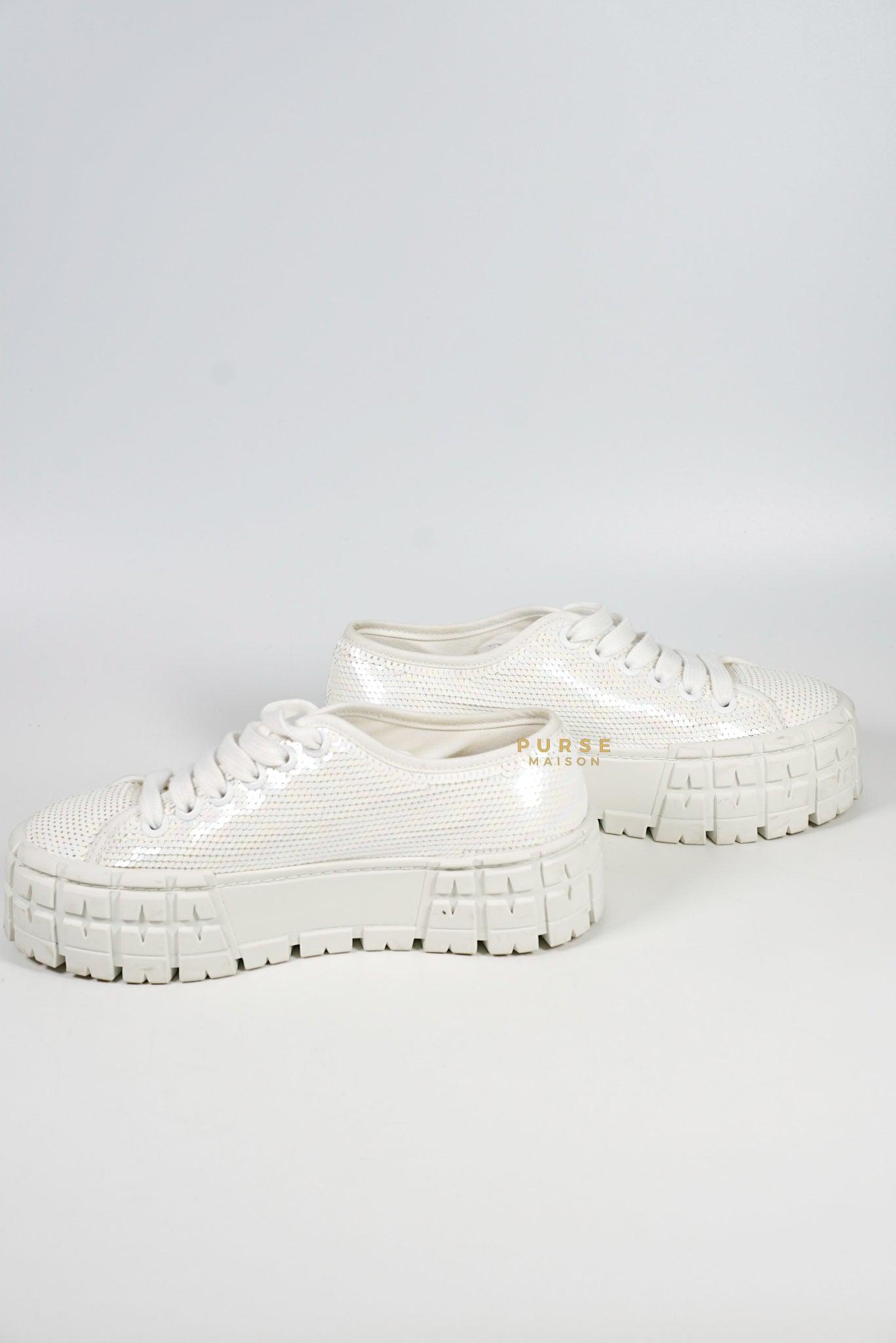 Prada Paillettes Wheel Lug-Sole Platform White Sneakers (Size 35, 23cm)