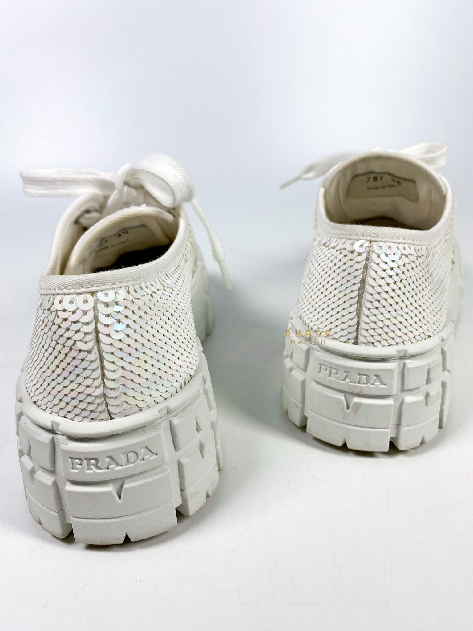 Prada Paillettes Wheel Lug-Sole Platform White Sneakers (Size 35, 23cm)