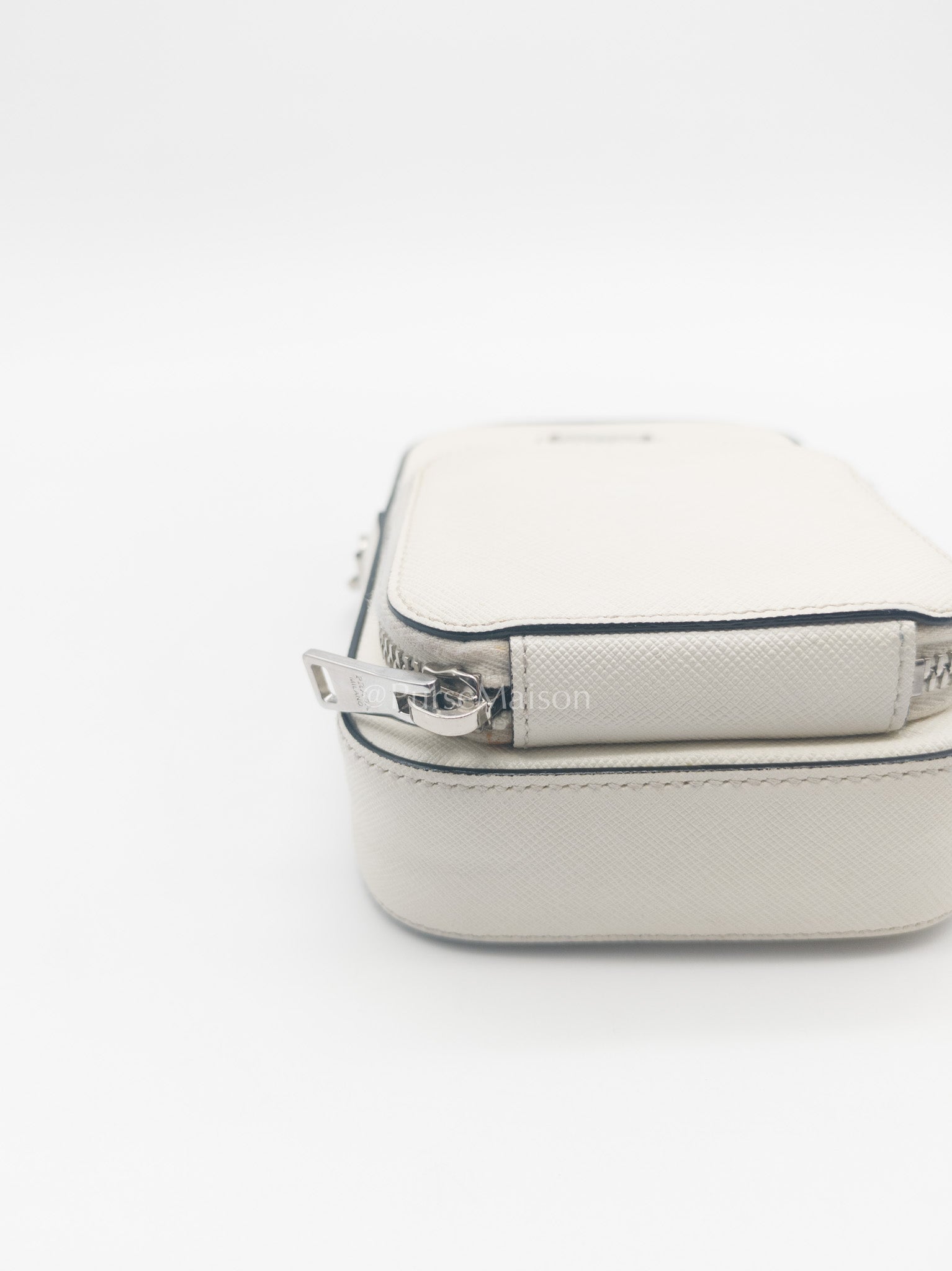 Prada Phone Bag in White Saffiano Leather Silver Hardware | Purse Maison Luxury Bags Shop