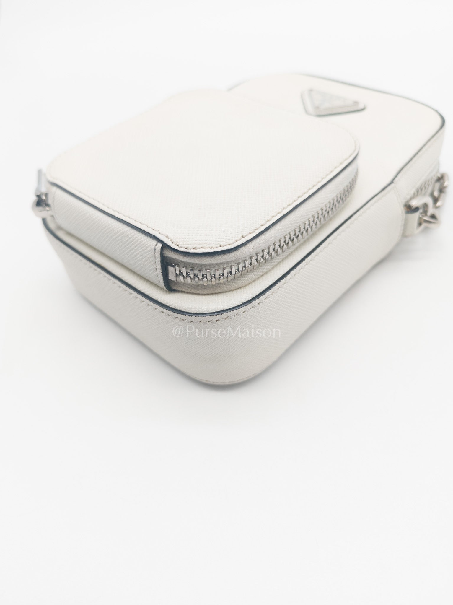Prada Phone Bag in White Saffiano Leather Silver Hardware | Purse Maison Luxury Bags Shop