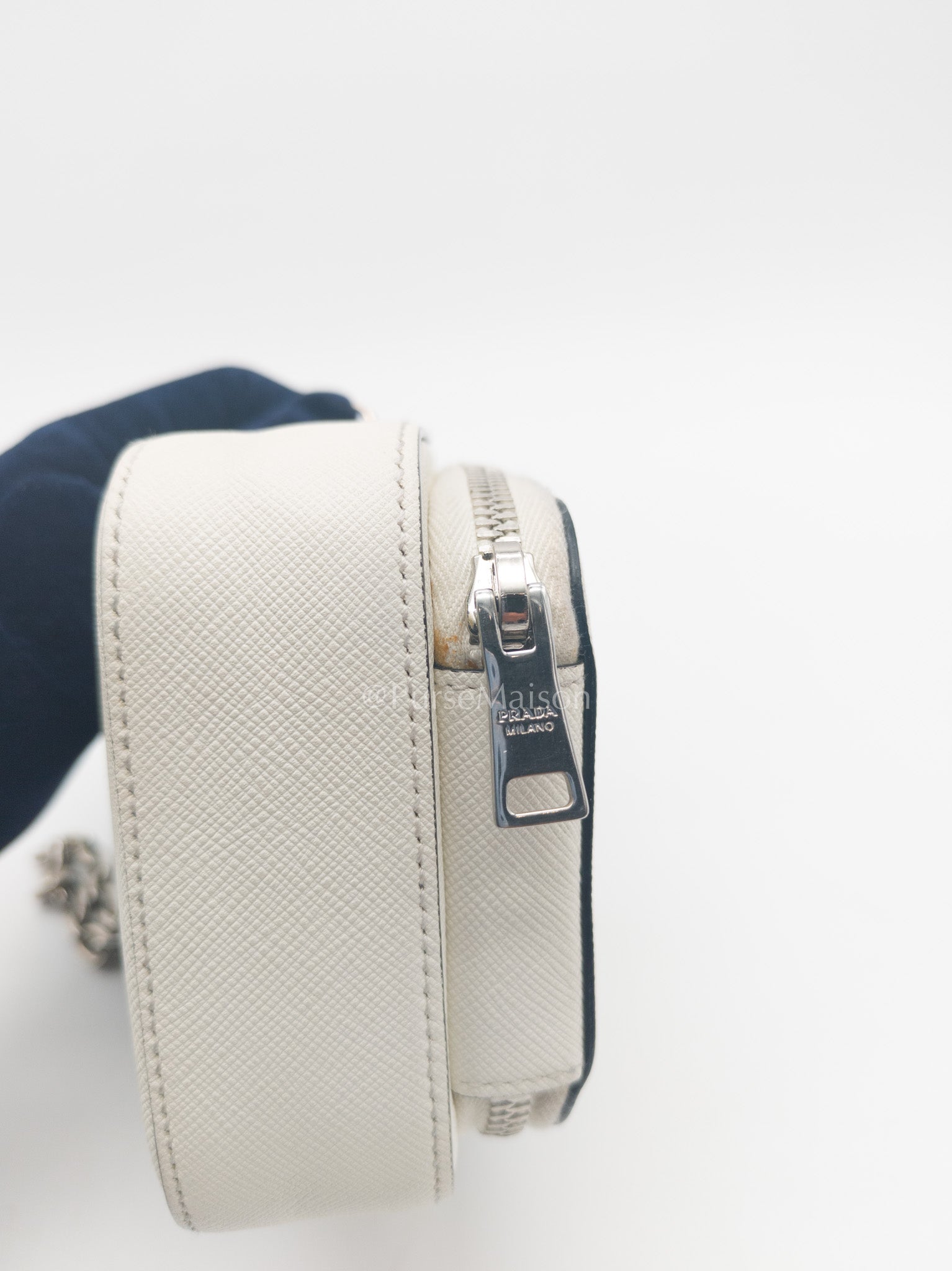 Prada Phone Bag in White Saffiano Leather Silver Hardware | Purse Maison Luxury Bags Shop
