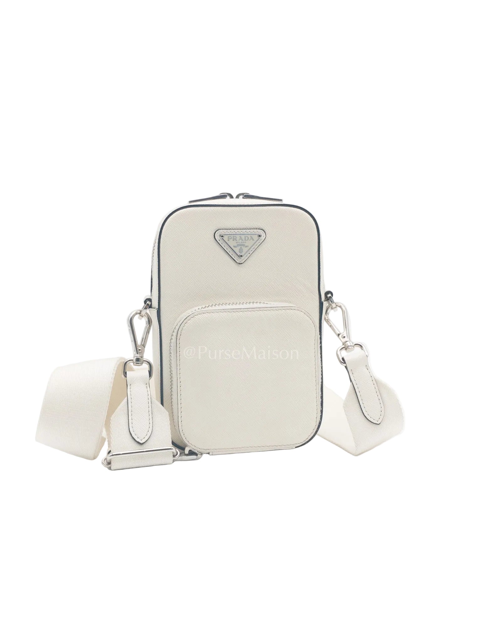 Prada Phone Bag in White Saffiano Leather Silver Hardware | Purse Maison Luxury Bags Shop