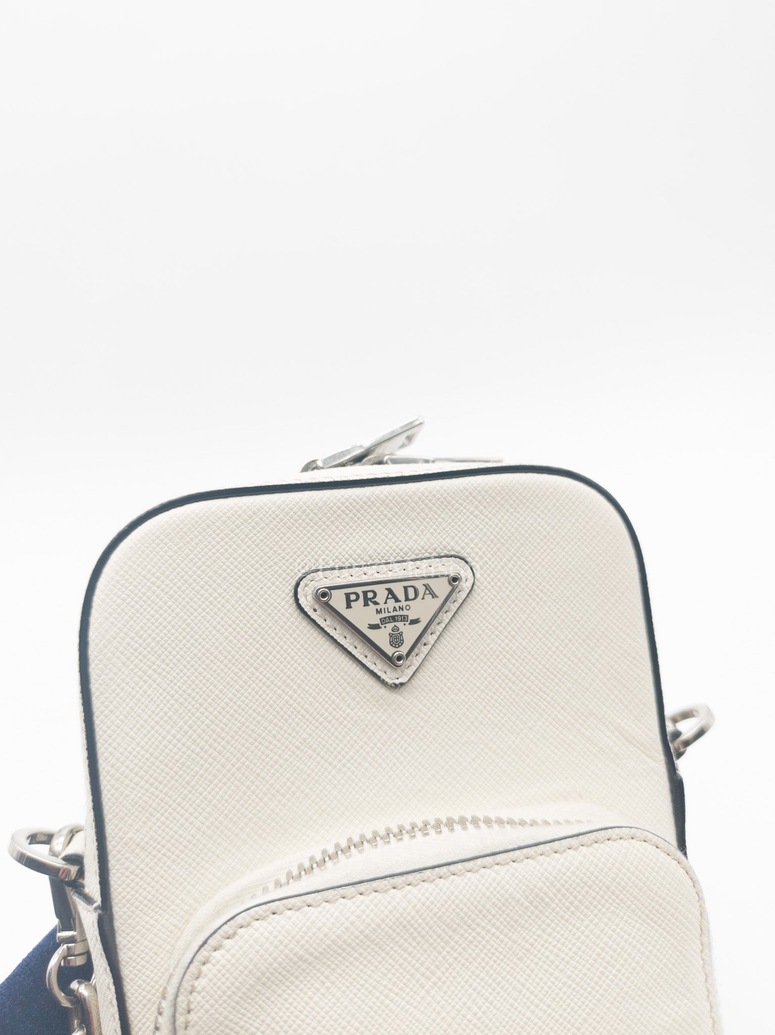 Prada Phone Bag in White Saffiano Leather Silver Hardware | Purse Maison Luxury Bags Shop