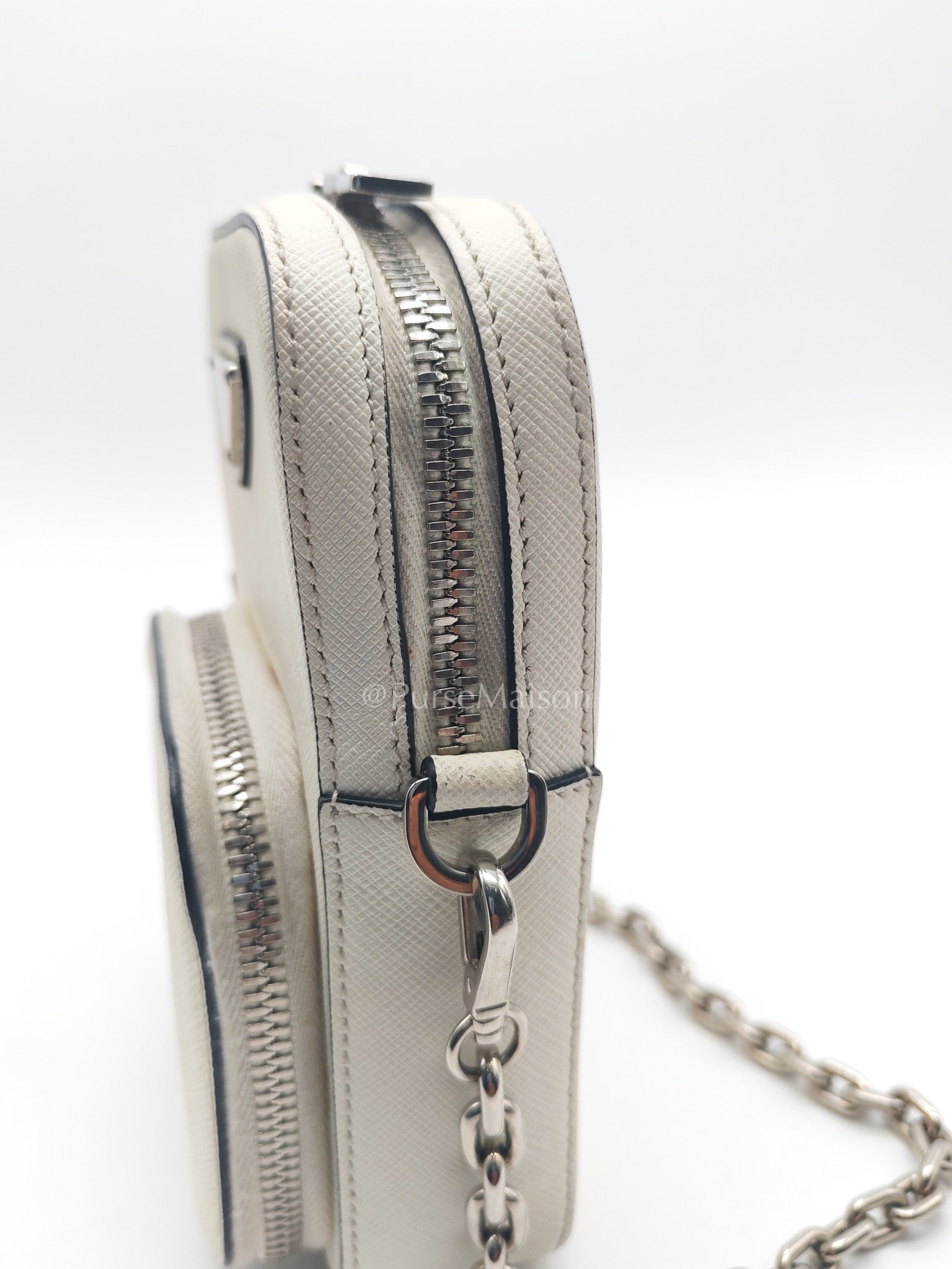 Prada Phone Bag in White Saffiano Leather Silver Hardware | Purse Maison Luxury Bags Shop