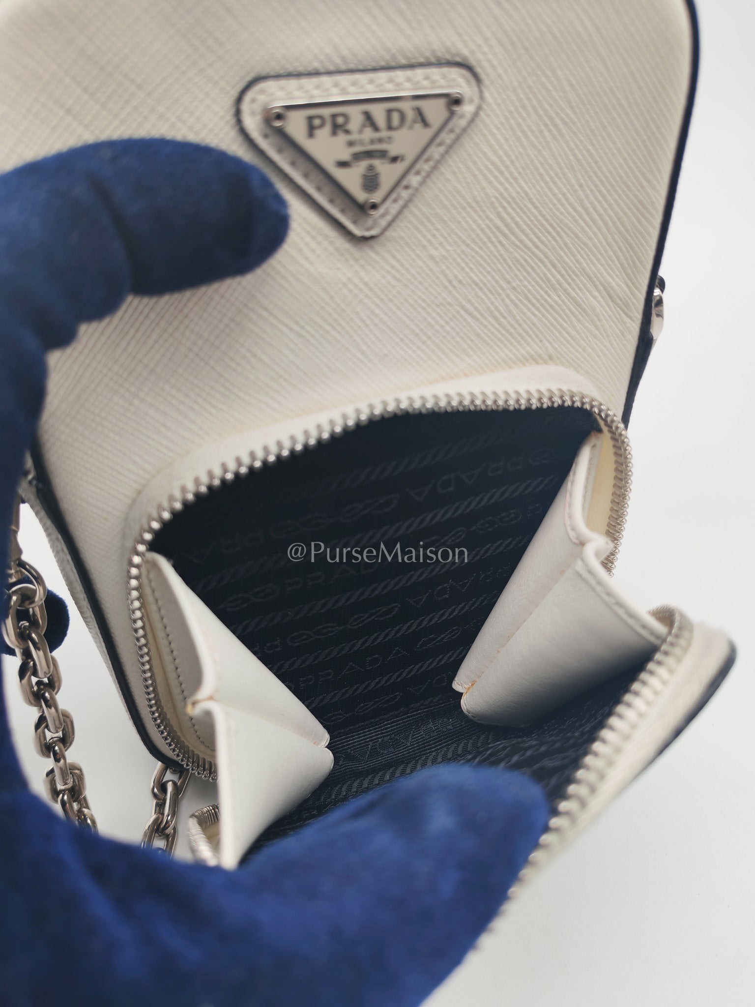 Prada Phone Bag in White Saffiano Leather Silver Hardware | Purse Maison Luxury Bags Shop