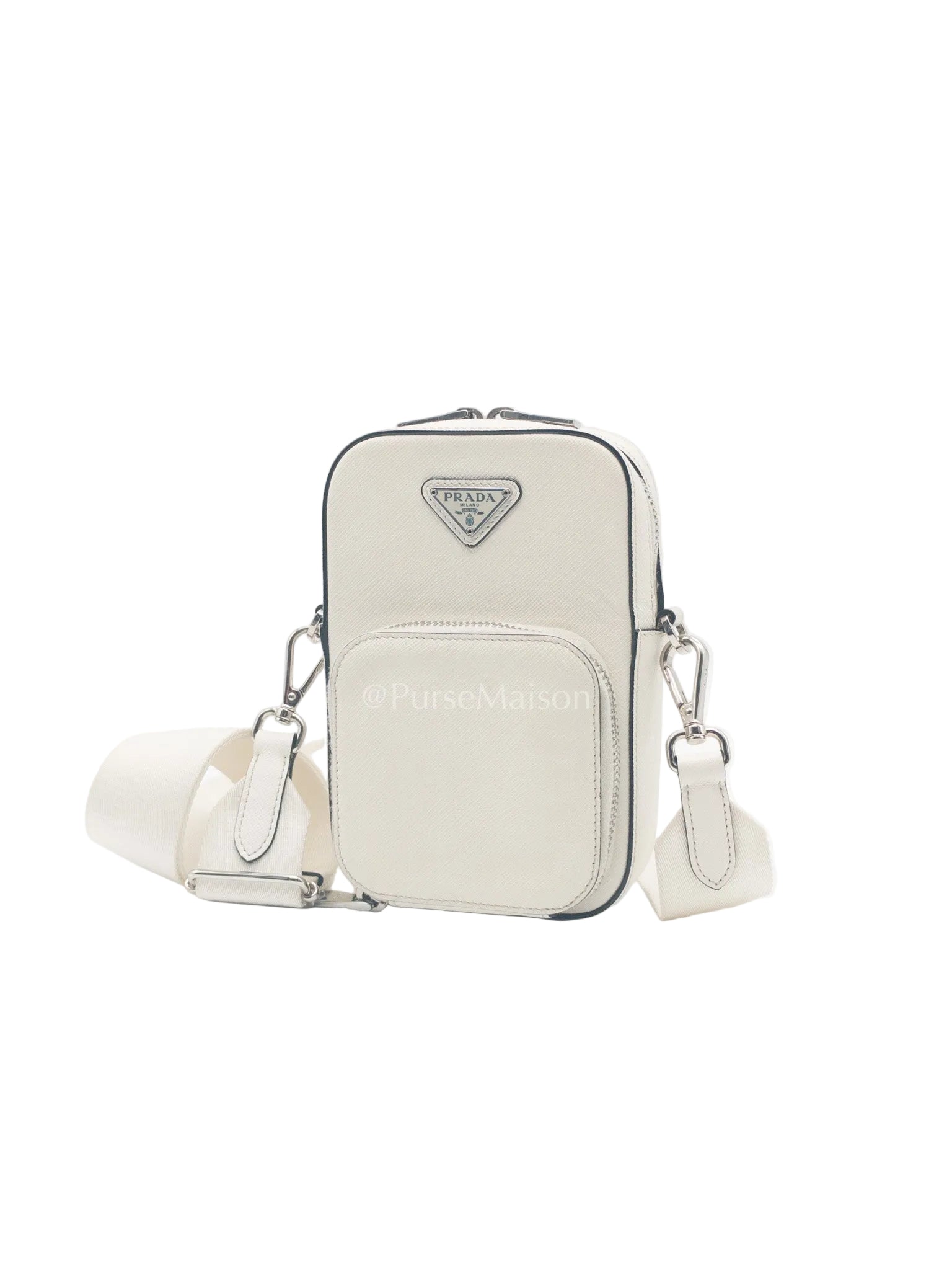 Prada Phone Bag in White Saffiano Leather Silver Hardware | Purse Maison Luxury Bags Shop