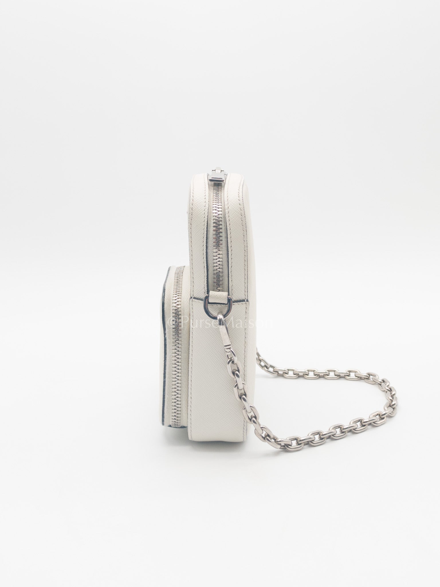Prada Phone Bag in White Saffiano Leather Silver Hardware | Purse Maison Luxury Bags Shop
