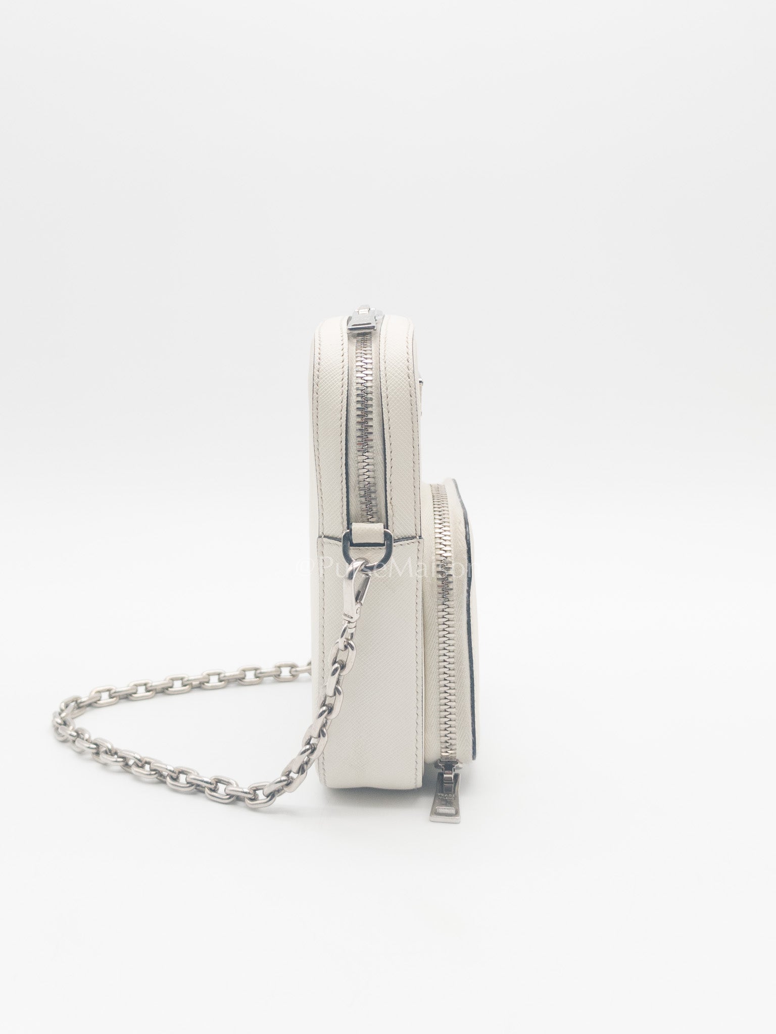 Prada Phone Bag in White Saffiano Leather Silver Hardware | Purse Maison Luxury Bags Shop