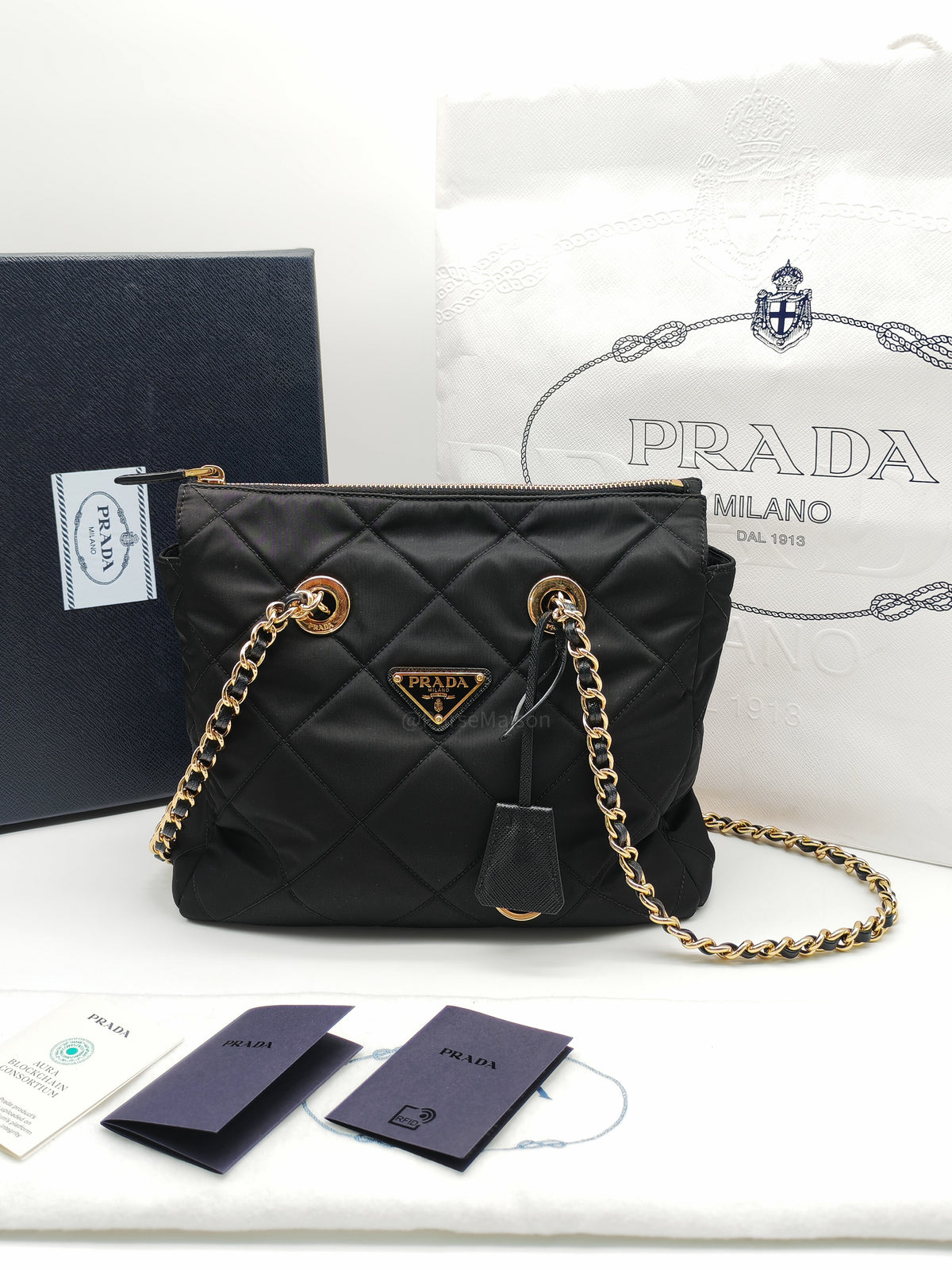 Prada Re-Edition 1995 Chain Shoulder Bag in Black Tessuto Nylon and Gold Hardware | Purse Maison Luxury Bags Shop