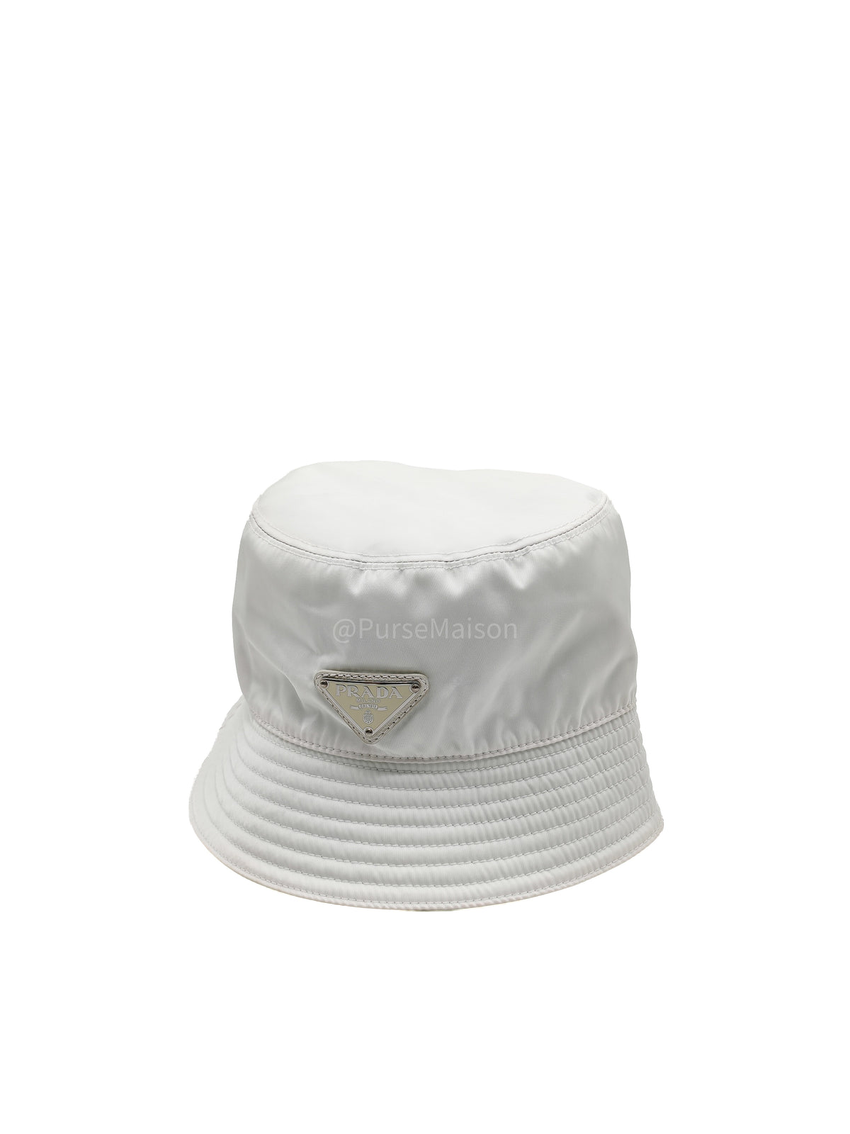 Prada Re-Nylon Bucket Hat in White with Signature Enameled Metal Triangle Logo | Purse Maison Luxury Bags Shop