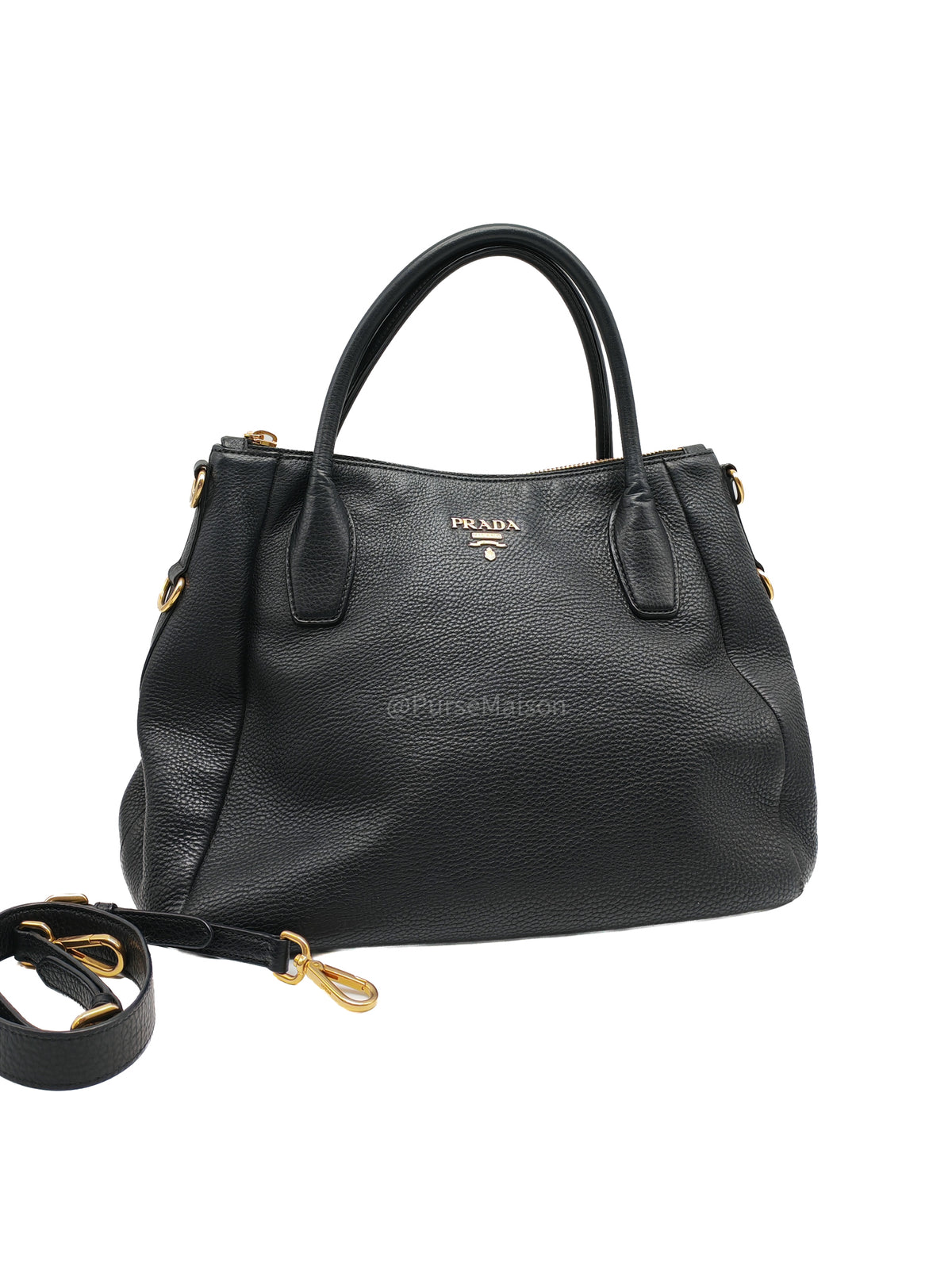 Prada Sacca 2 Manici Hobo Bag in Black Vitello Daino Leather and Gold Hardware | Purse Maison Luxury Bags Shop