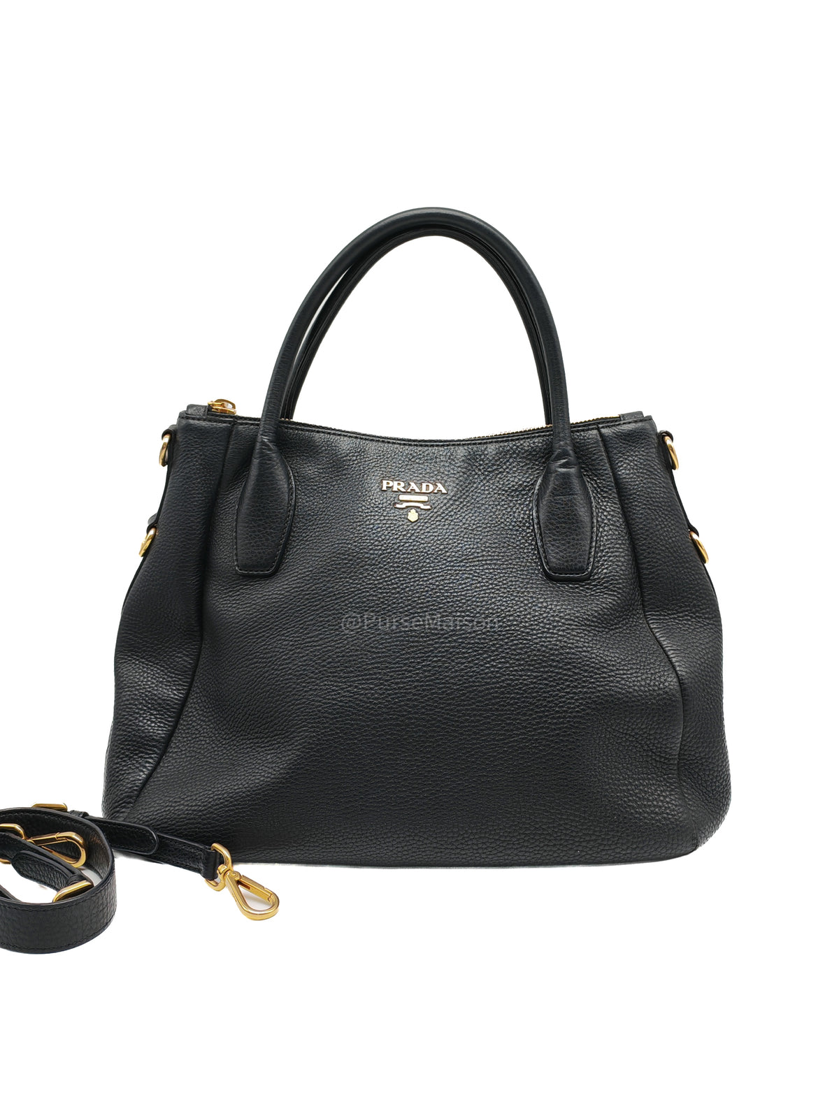 Prada Sacca 2 Manici Hobo Bag in Black Vitello Daino Leather and Gold Hardware | Purse Maison Luxury Bags Shop