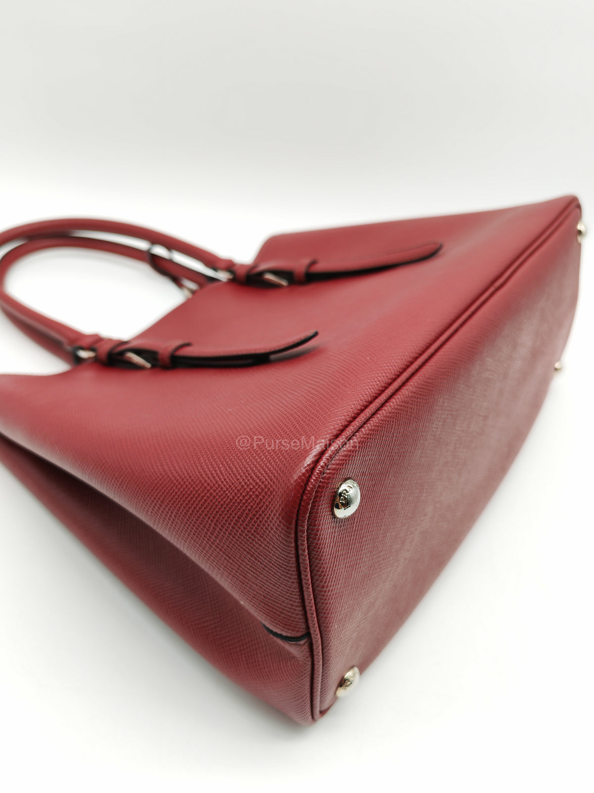 Prada Saffiano Cuir Double Bag in Burgundy Saffiano Leather and Silver Hardware | Purse Maison Luxury Bags Shop