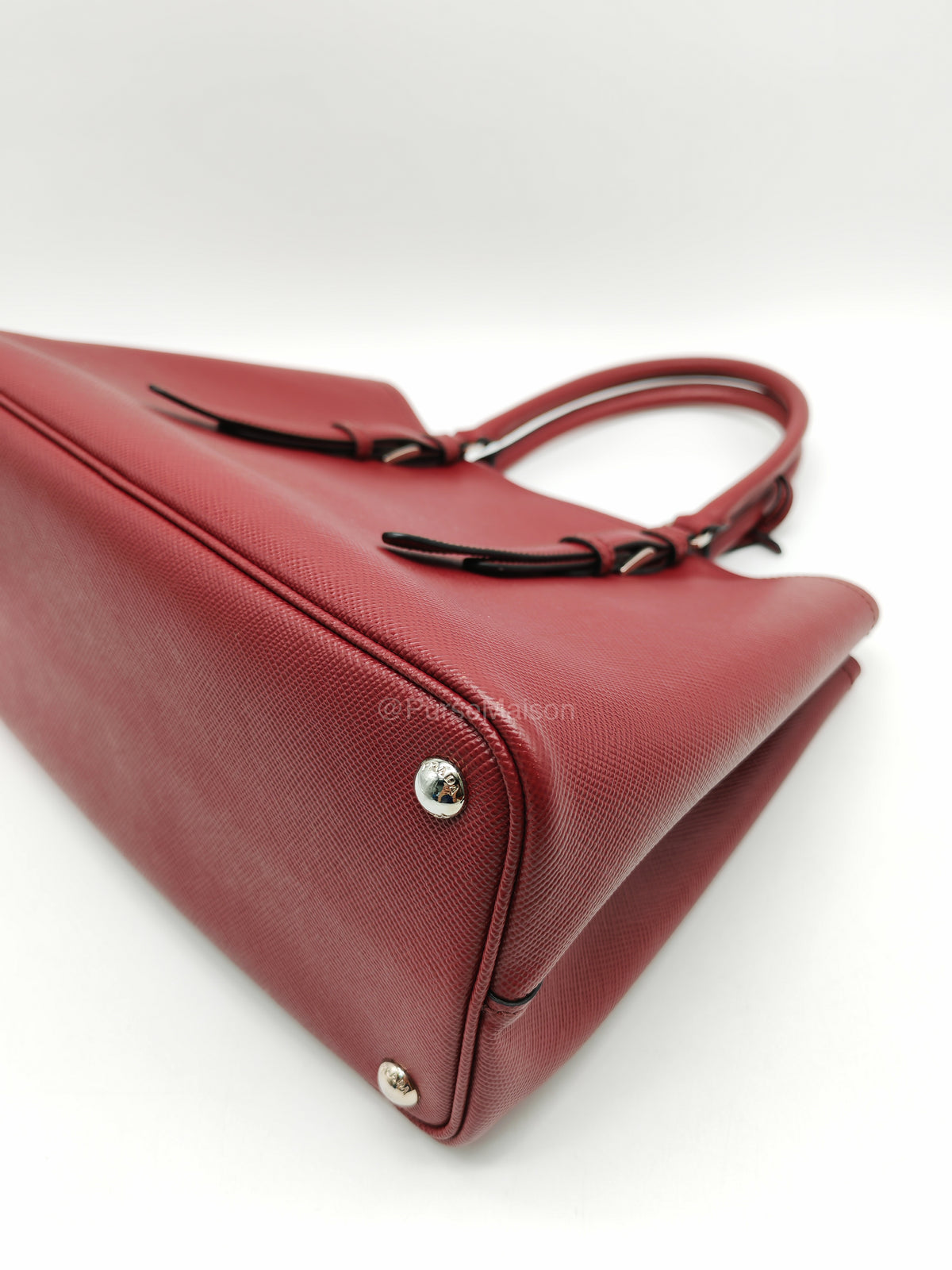 Prada Saffiano Cuir Double Bag in Burgundy Saffiano Leather and Silver Hardware | Purse Maison Luxury Bags Shop