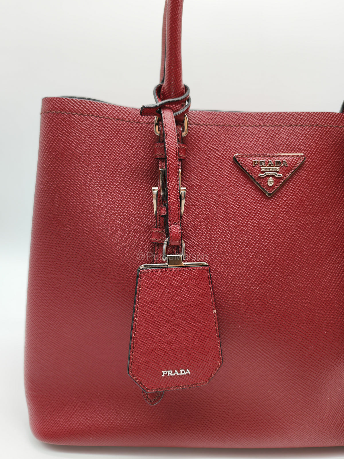 Prada Saffiano Cuir Double Bag in Burgundy Saffiano Leather and Silver Hardware | Purse Maison Luxury Bags Shop