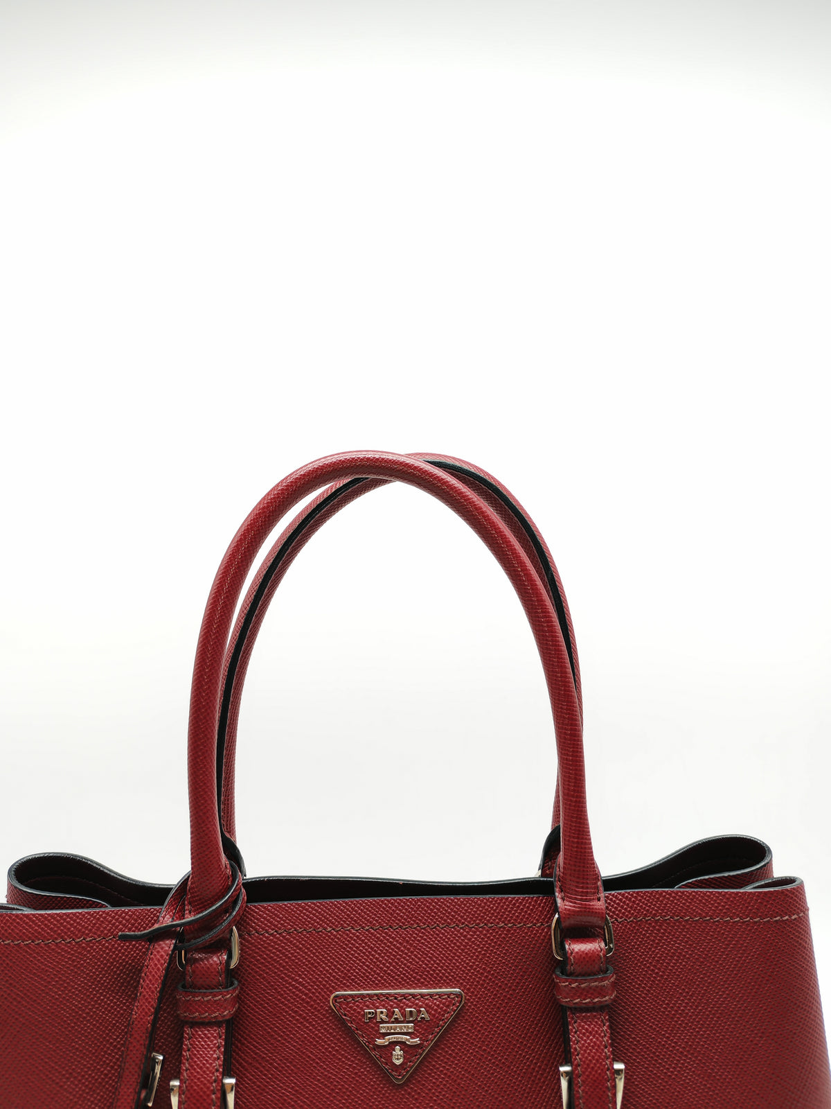 Prada Saffiano Cuir Double Bag in Burgundy Saffiano Leather and Silver Hardware | Purse Maison Luxury Bags Shop