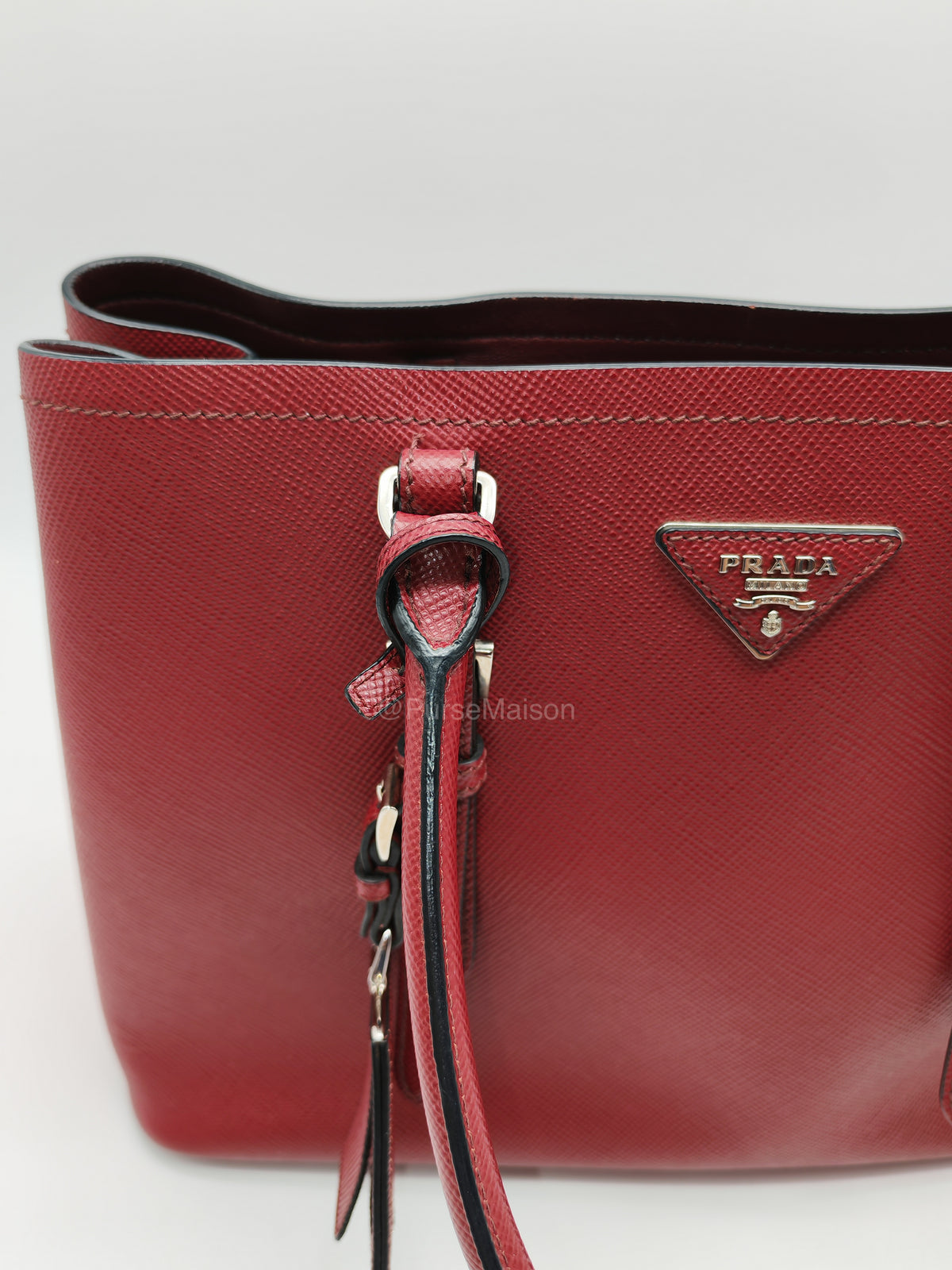 Prada Saffiano Cuir Double Bag in Burgundy Saffiano Leather and Silver Hardware | Purse Maison Luxury Bags Shop