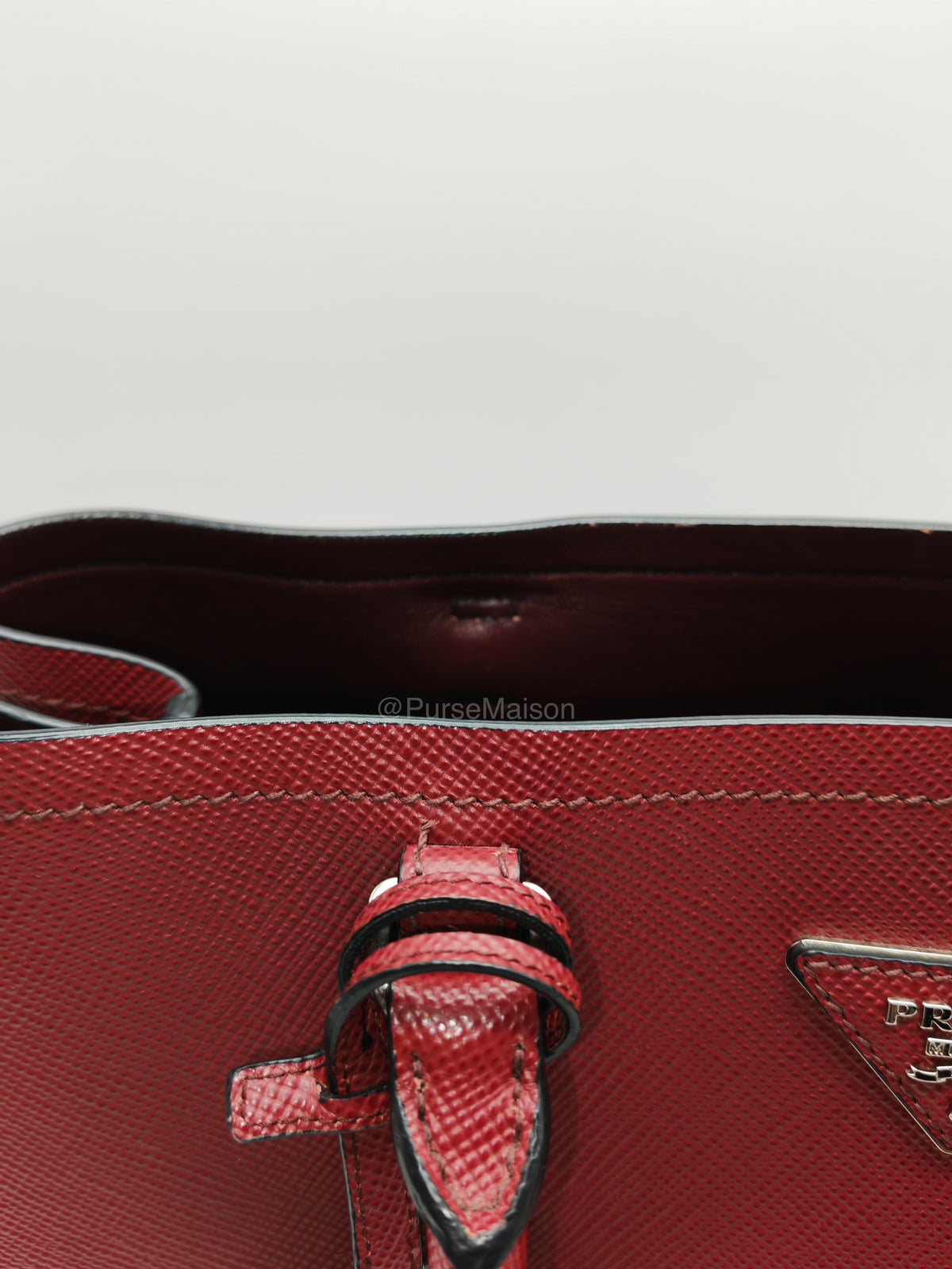 Prada Saffiano Cuir Double Bag in Burgundy Saffiano Leather and Silver Hardware | Purse Maison Luxury Bags Shop