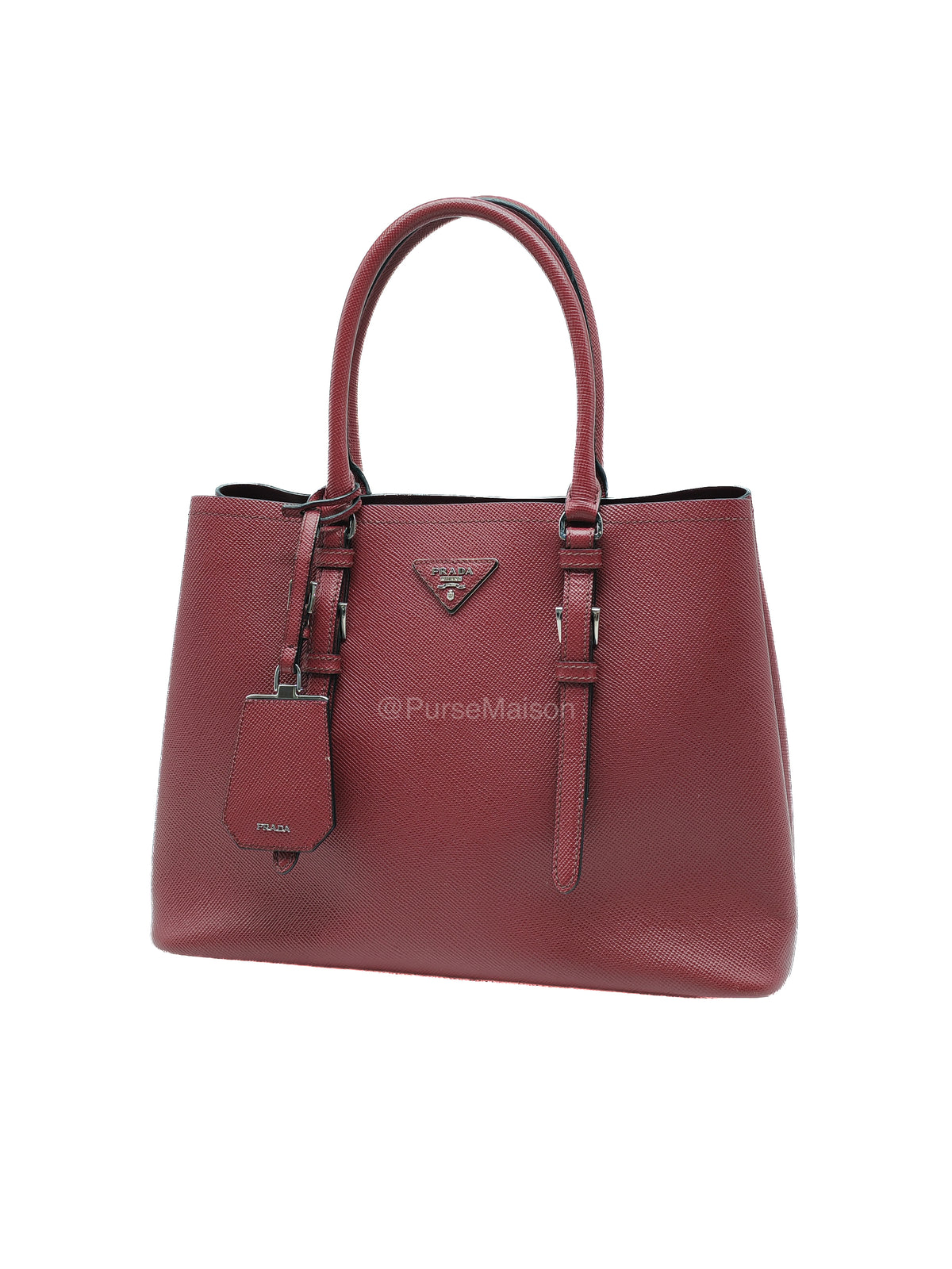 Prada Saffiano Cuir Double Bag in Burgundy Saffiano Leather and Silver Hardware | Purse Maison Luxury Bags Shop