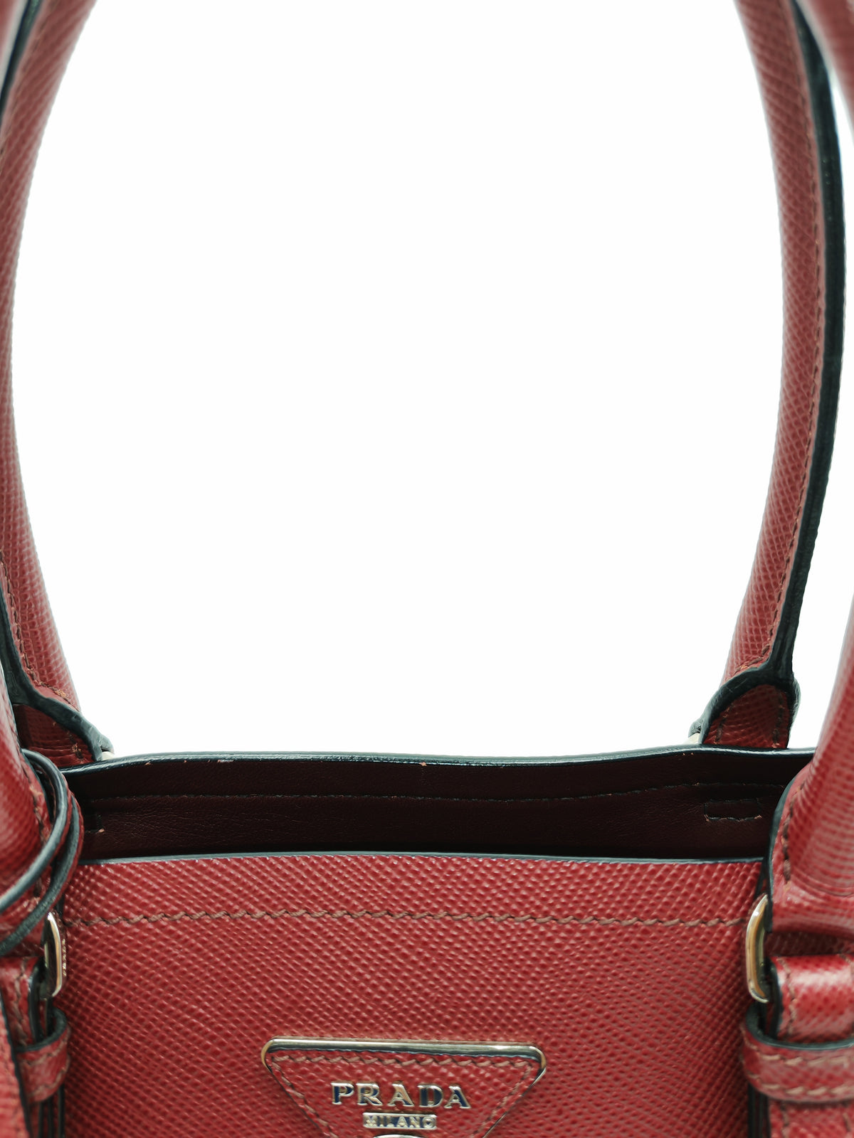 Prada Saffiano Cuir Double Bag in Burgundy Saffiano Leather and Silver Hardware | Purse Maison Luxury Bags Shop