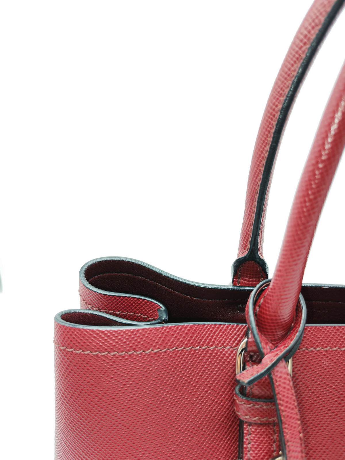 Prada Saffiano Cuir Double Bag in Burgundy Saffiano Leather and Silver Hardware | Purse Maison Luxury Bags Shop