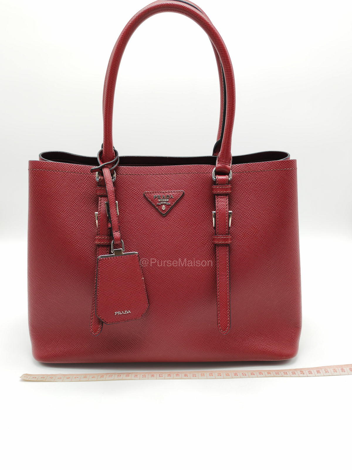 Prada Saffiano Cuir Double Bag in Burgundy Saffiano Leather and Silver Hardware | Purse Maison Luxury Bags Shop