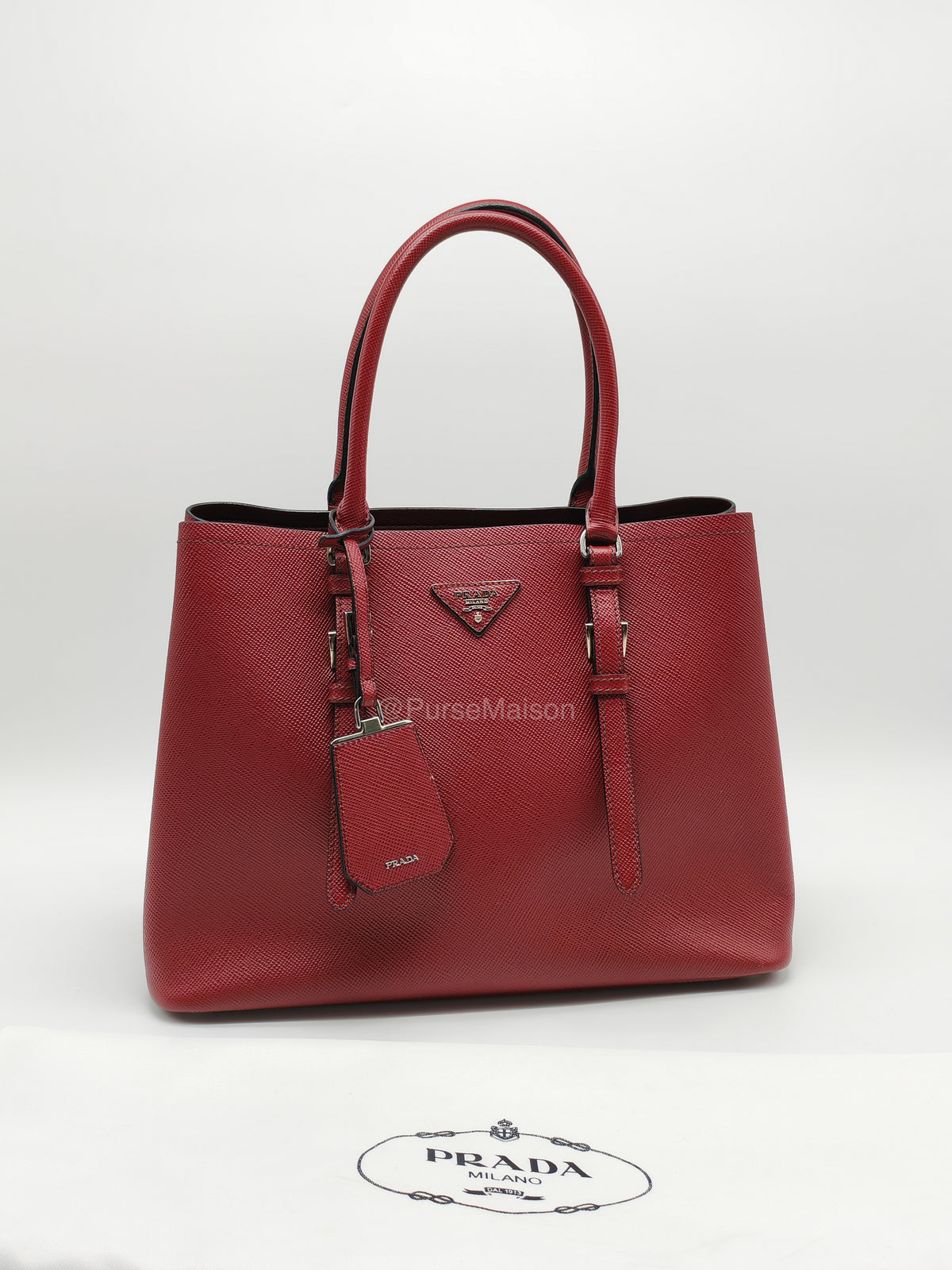 Prada Saffiano Cuir Double Bag in Burgundy Saffiano Leather and Silver Hardware | Purse Maison Luxury Bags Shop