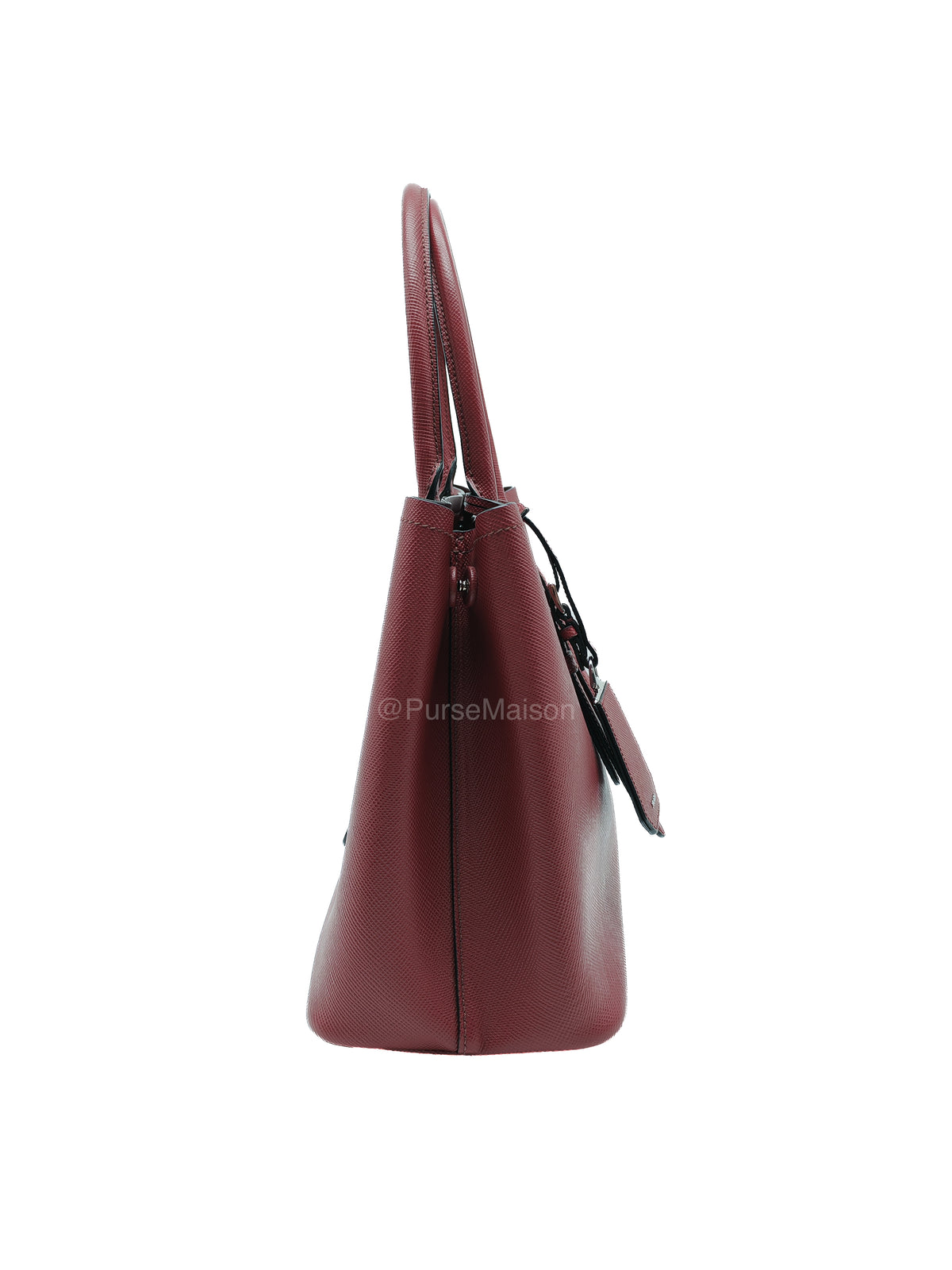 Prada Saffiano Cuir Double Bag in Burgundy Saffiano Leather and Silver Hardware | Purse Maison Luxury Bags Shop