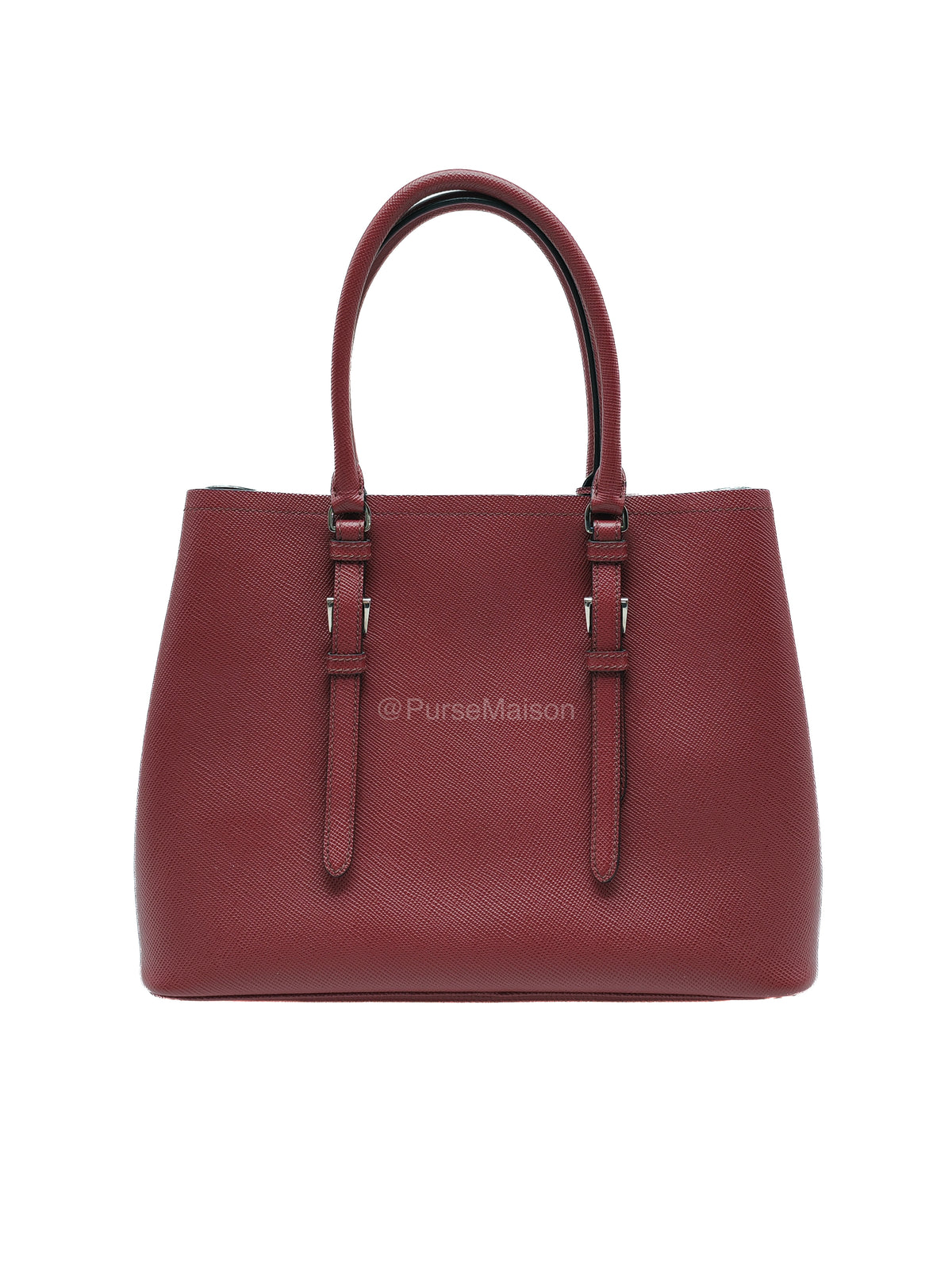 Prada Saffiano Cuir Double Bag in Burgundy Saffiano Leather and Silver Hardware | Purse Maison Luxury Bags Shop
