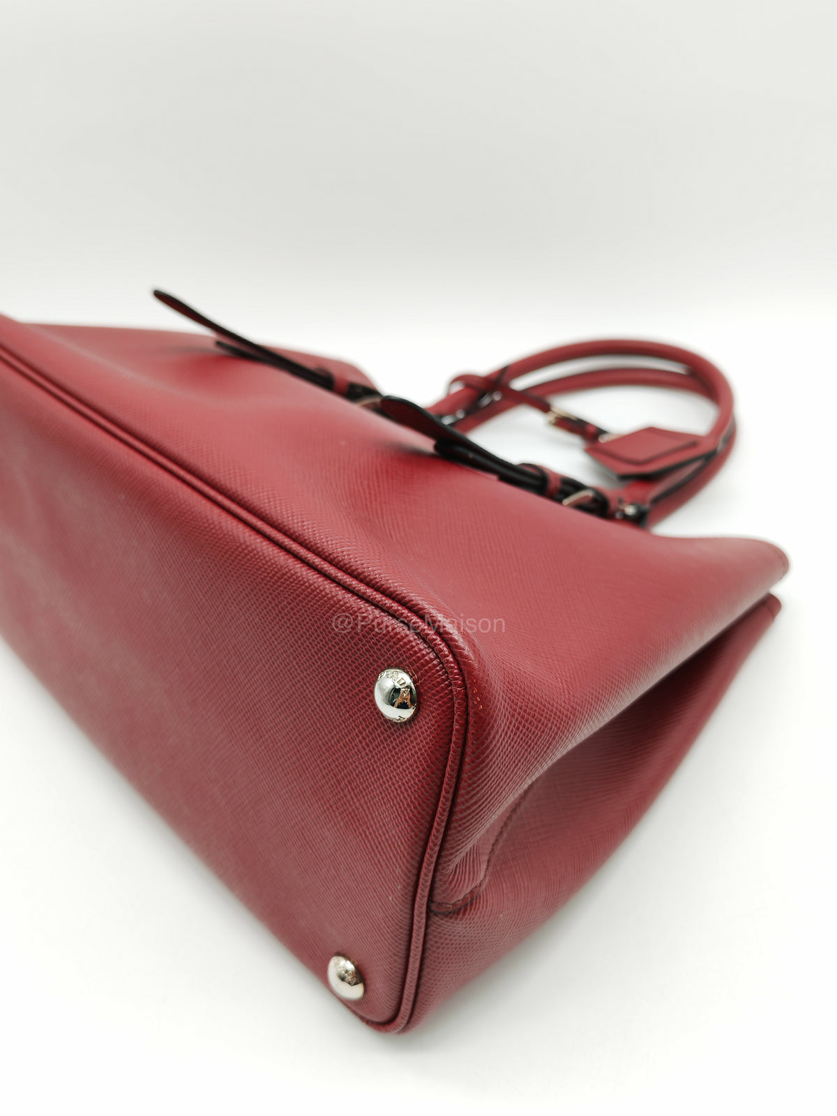 Prada Saffiano Cuir Double Bag in Burgundy Saffiano Leather and Silver Hardware | Purse Maison Luxury Bags Shop