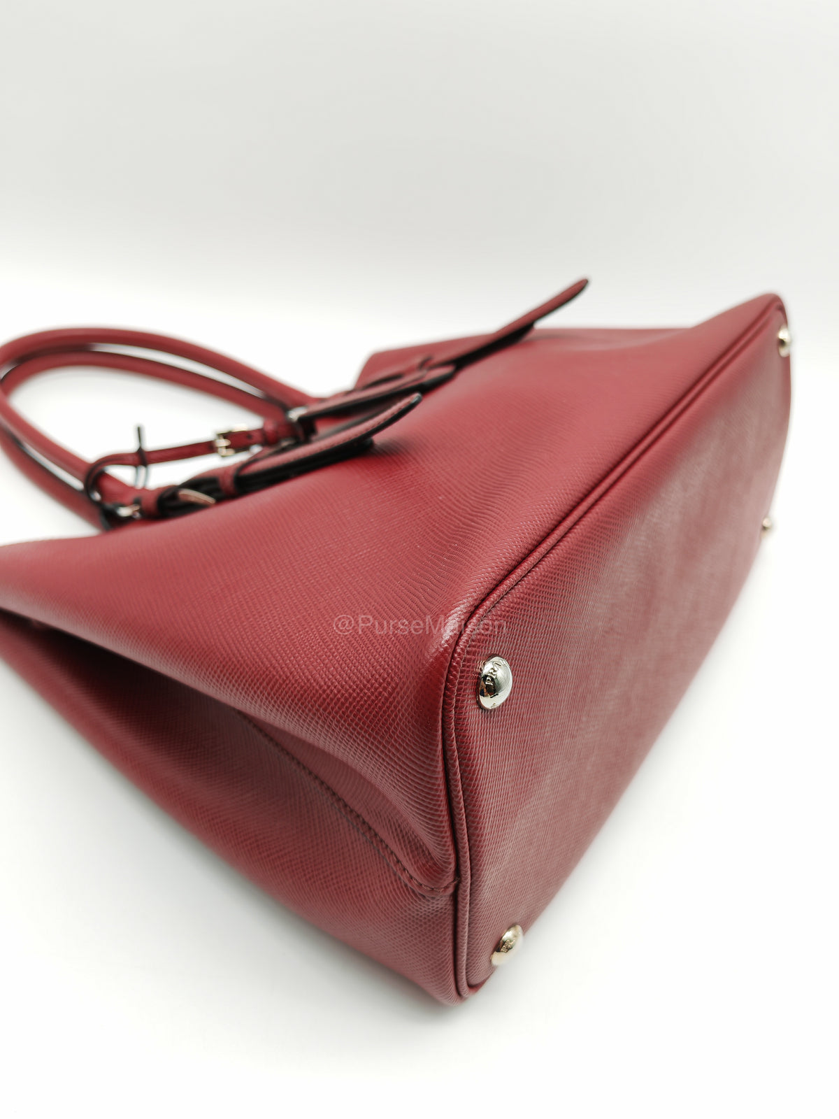 Prada Saffiano Cuir Double Bag in Burgundy Saffiano Leather and Silver Hardware | Purse Maison Luxury Bags Shop