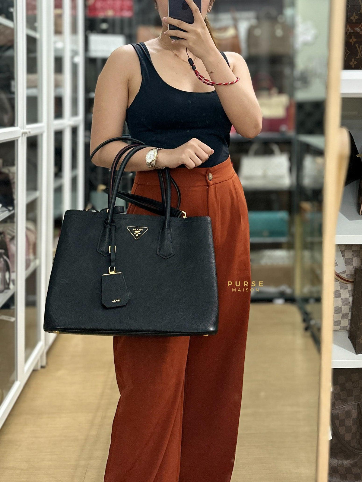 Prada Saffiano Cuir Leather Double Bag Medium In Black And Red
