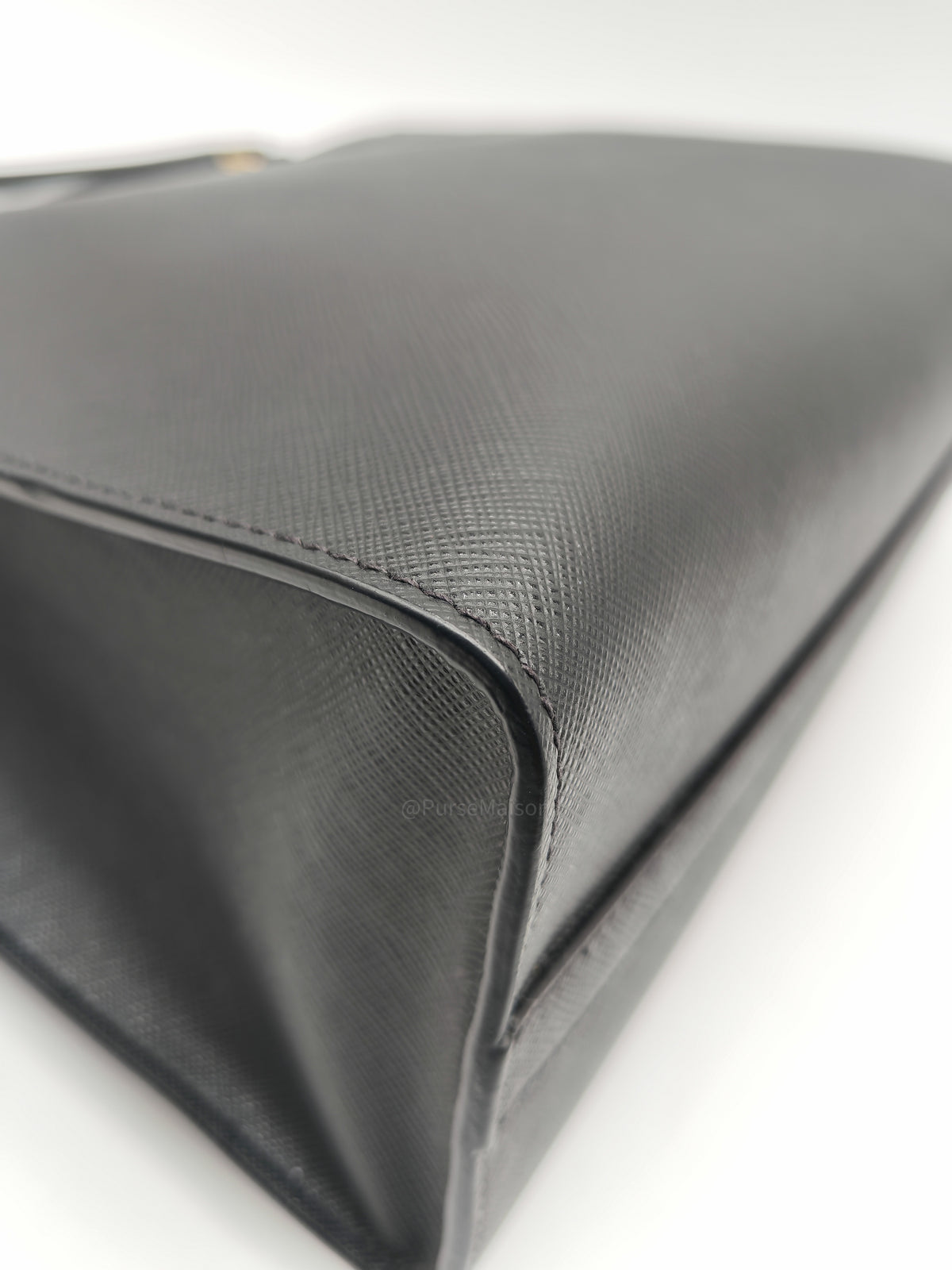 Prada Saffiano Lux Embossed Logo Medium Shoulder Tote Bag in Black Calfskin Leather and Gold Hardware | Purse Maison Luxury Bags Shop