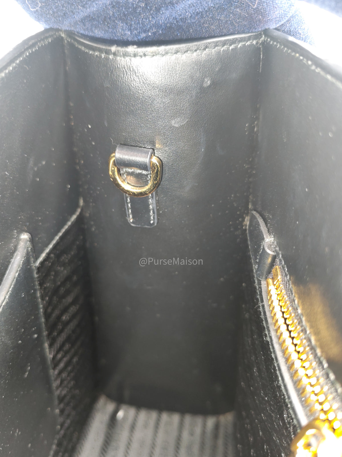 Prada Saffiano Lux Embossed Logo Medium Shoulder Tote Bag in Black Calfskin Leather and Gold Hardware | Purse Maison Luxury Bags Shop
