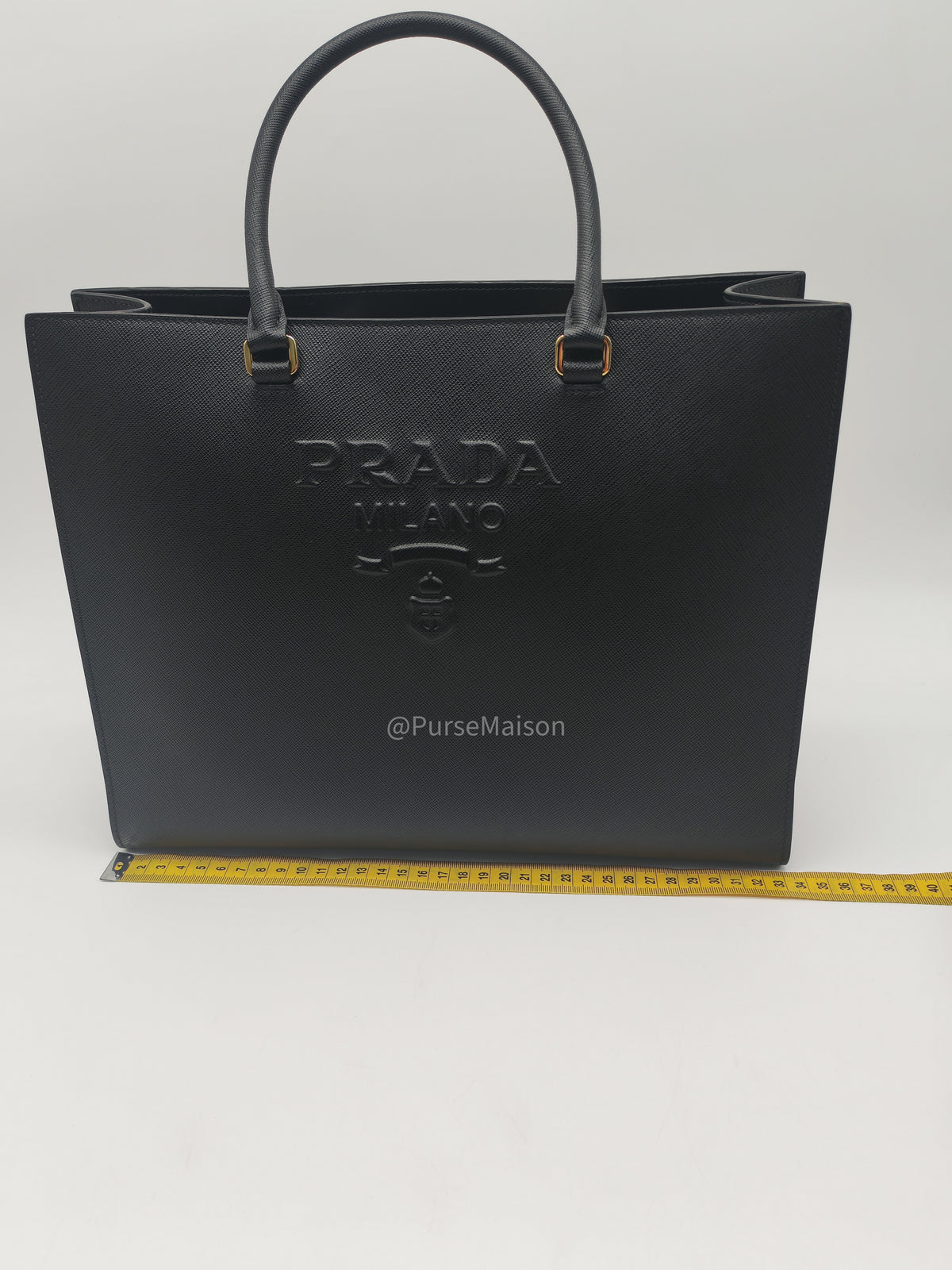 Prada Saffiano Lux Embossed Logo Medium Shoulder Tote Bag in Black Calfskin Leather and Gold Hardware | Purse Maison Luxury Bags Shop