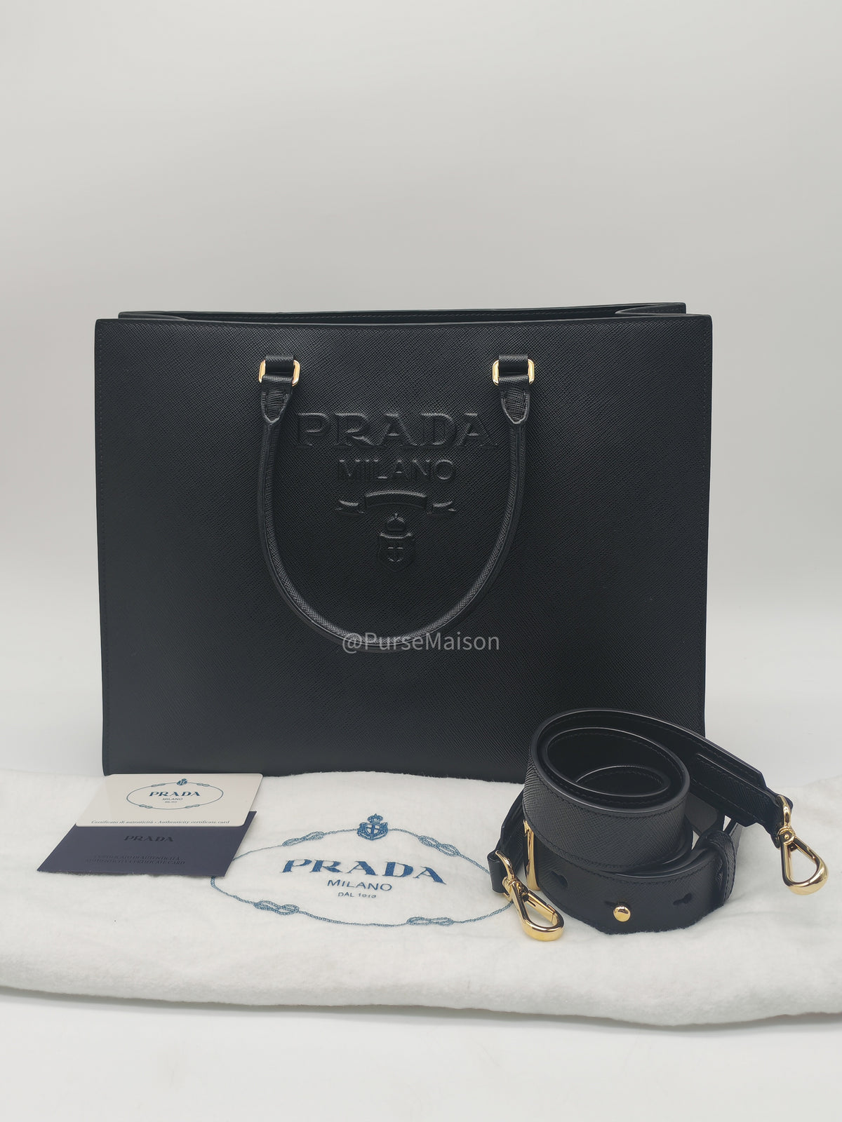 Prada Saffiano Lux Embossed Logo Medium Shoulder Tote Bag in Black Calfskin Leather and Gold Hardware | Purse Maison Luxury Bags Shop