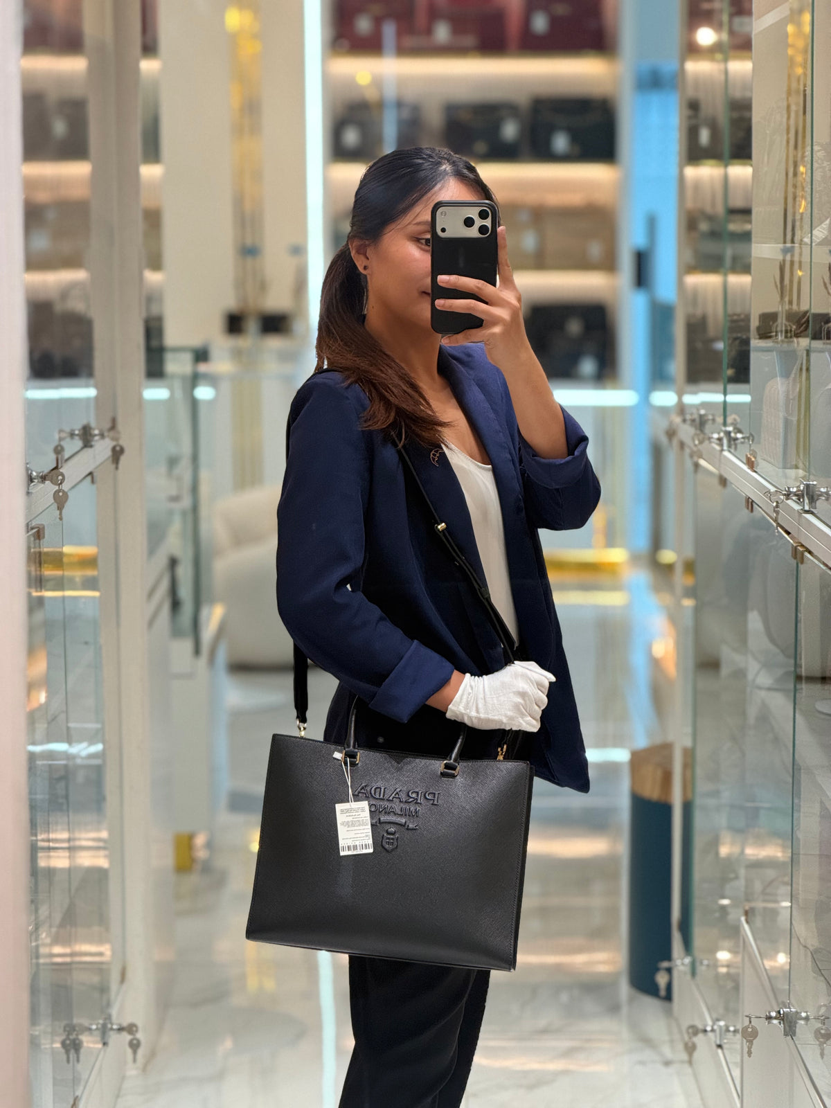 Prada Saffiano Lux Embossed Logo Medium Shoulder Tote Bag in Black Calfskin Leather and Gold Hardware | Purse Maison Luxury Bags Shop