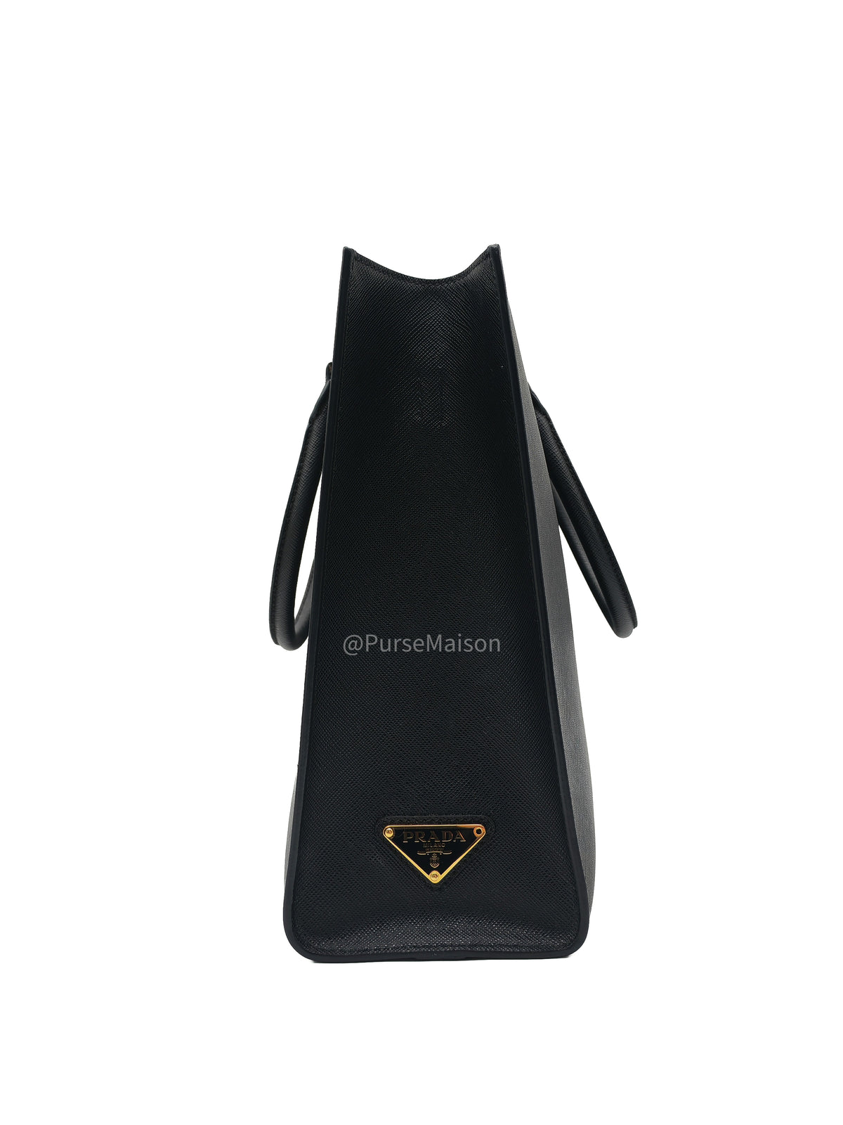 Prada Saffiano Lux Embossed Logo Medium Shoulder Tote Bag in Black Calfskin Leather and Gold Hardware | Purse Maison Luxury Bags Shop