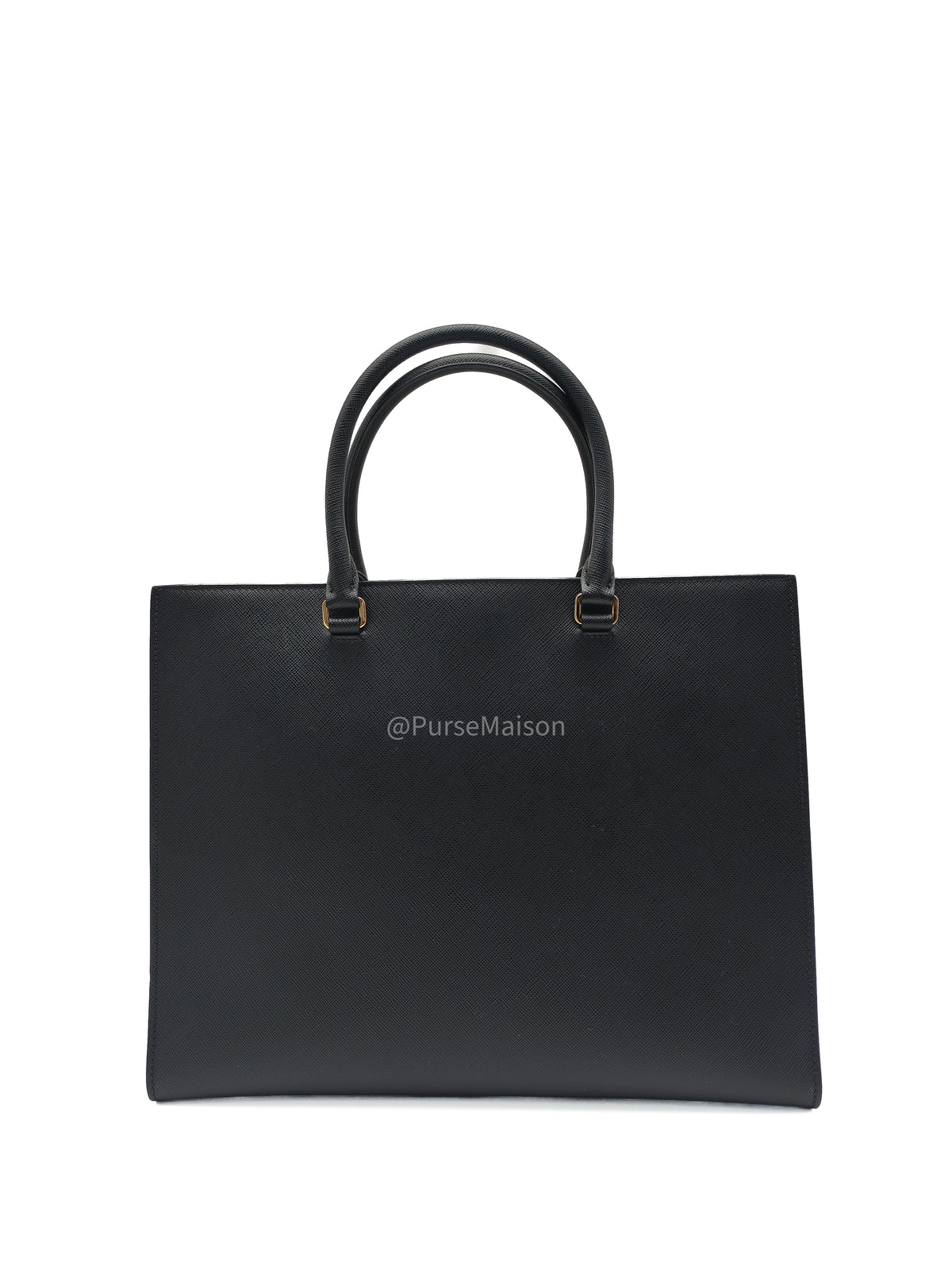 Prada Saffiano Lux Embossed Logo Medium Shoulder Tote Bag in Black Calfskin Leather and Gold Hardware | Purse Maison Luxury Bags Shop