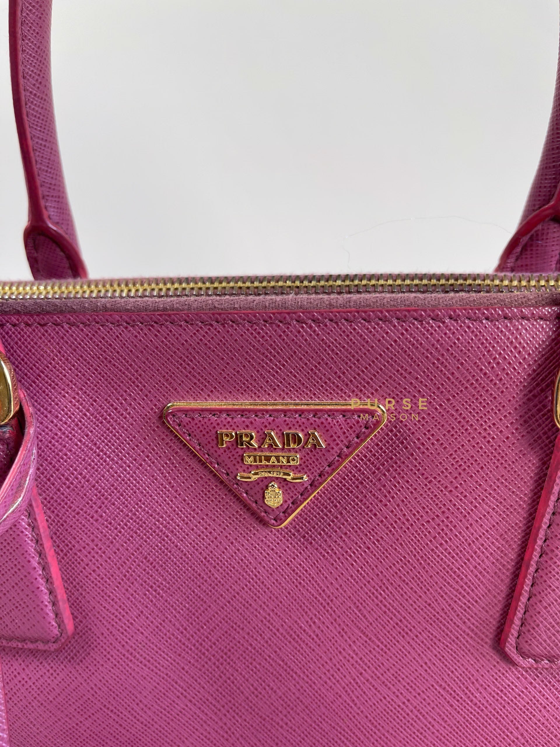 Prada Small Safiano Lux Double Zip Bag (Rose Pink) | Purse Maison Luxury Bags Shop