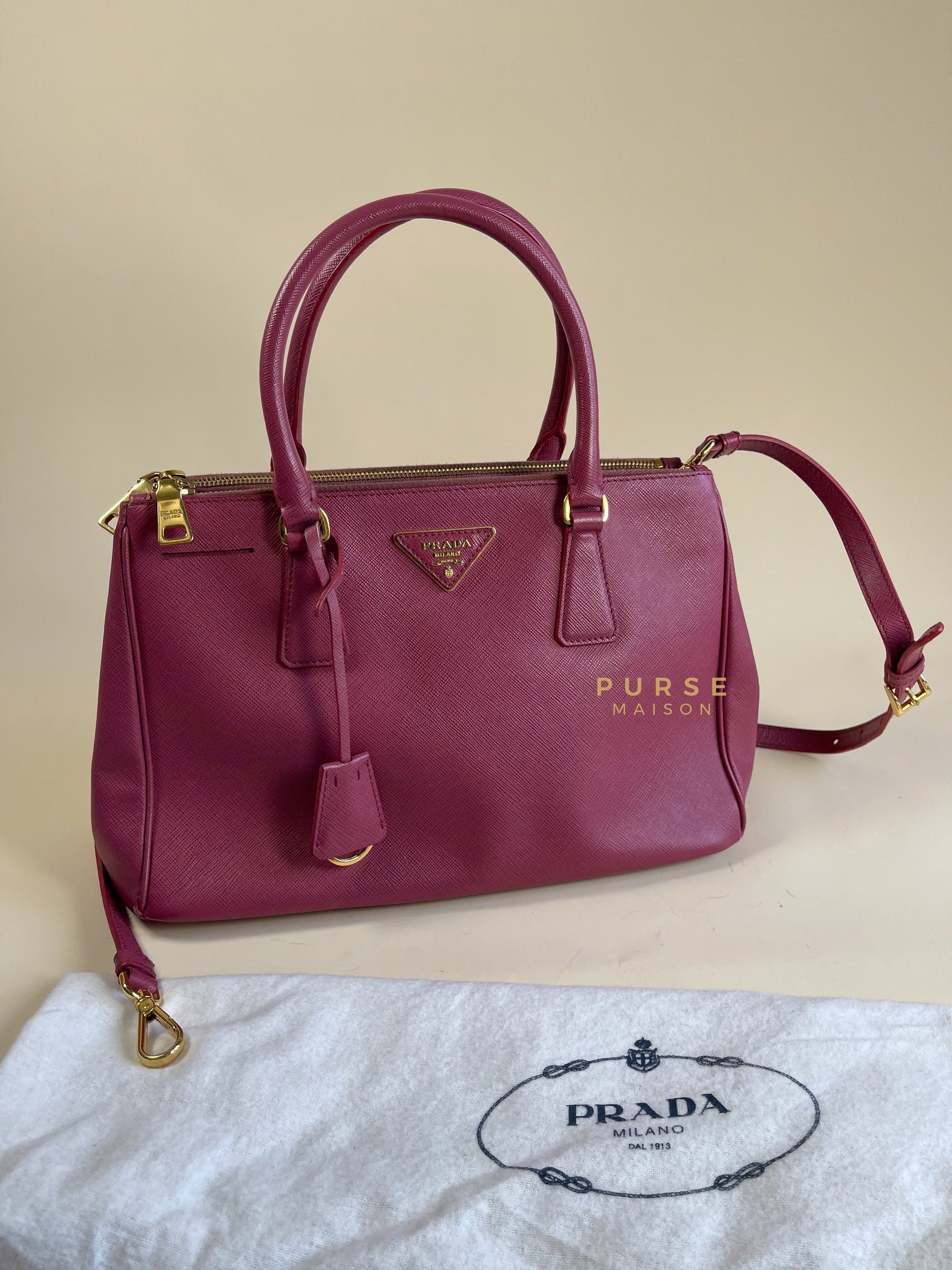 Prada Small Safiano Lux Double Zip Bag (Rose Pink) | Purse Maison Luxury Bags Shop