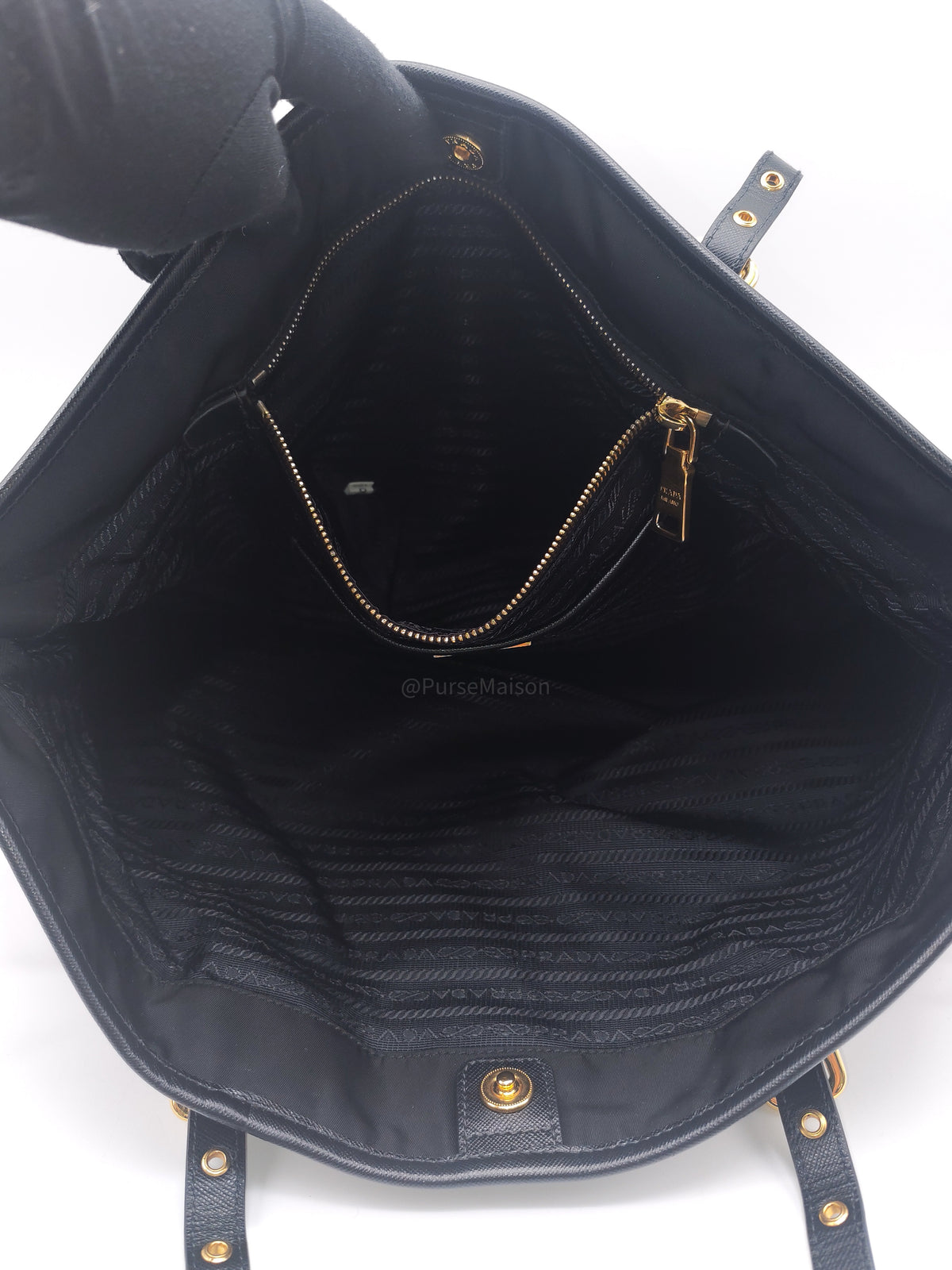Prada Tessuto Nylon Tote Bag in Black Nylon Canvas and Saffiano Leather Gold Hardware | Purse Maison Luxury Bags Shop