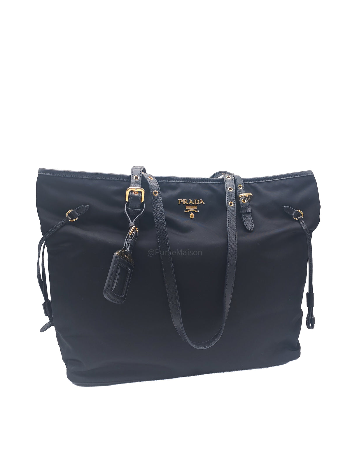 Prada Tessuto Nylon Tote Bag in Black Nylon Canvas and Saffiano Leather Gold Hardware | Purse Maison Luxury Bags Shop