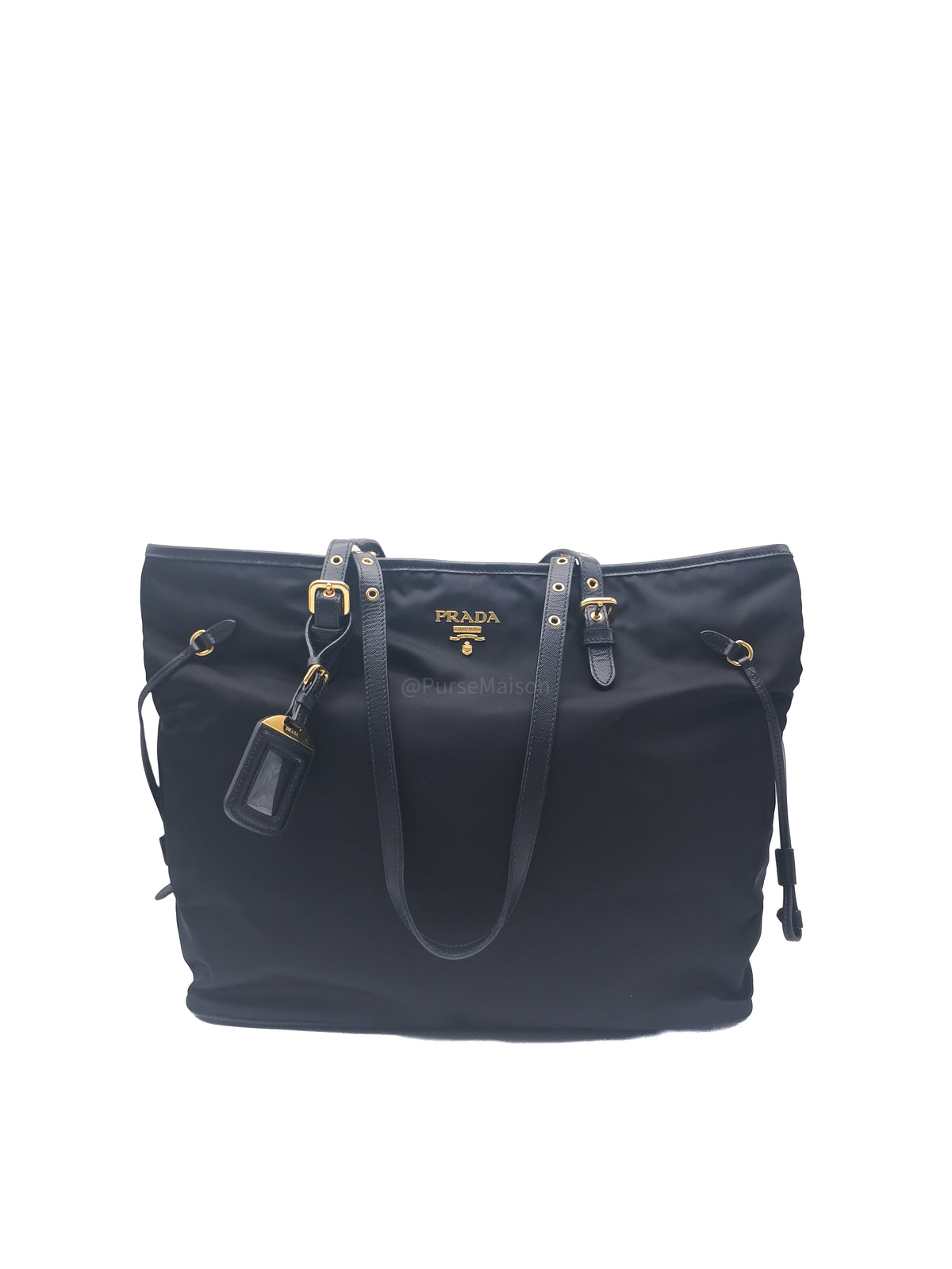 Prada Tessuto Nylon Tote Bag in Black Nylon Canvas and Saffiano Leather Gold Hardware | Purse Maison Luxury Bags Shop
