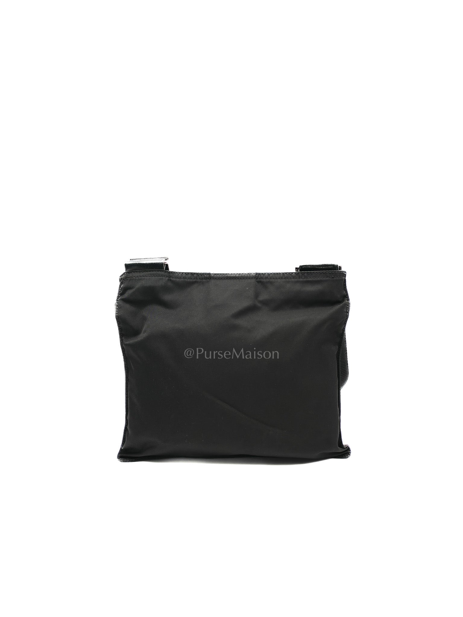 Vela Flat Messenger Bag in Black Nylon Canvas | Purse Maison Luxury Bags Shop