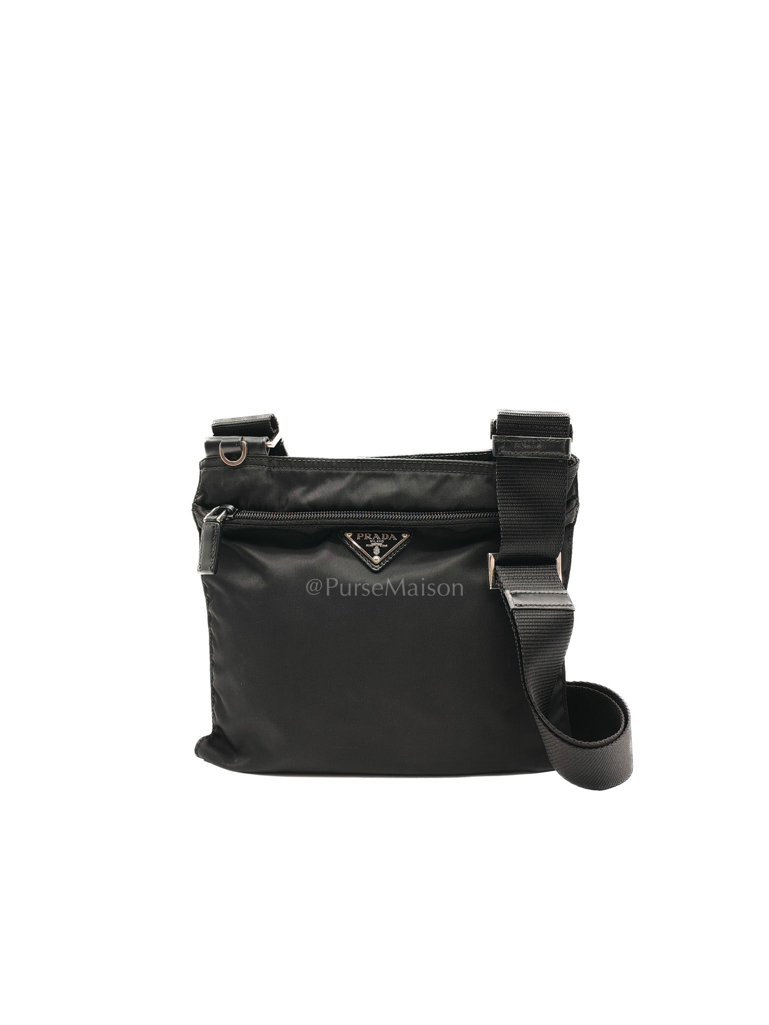 Vela Flat Messenger Bag in Black Nylon Canvas | Purse Maison Luxury Bags Shop