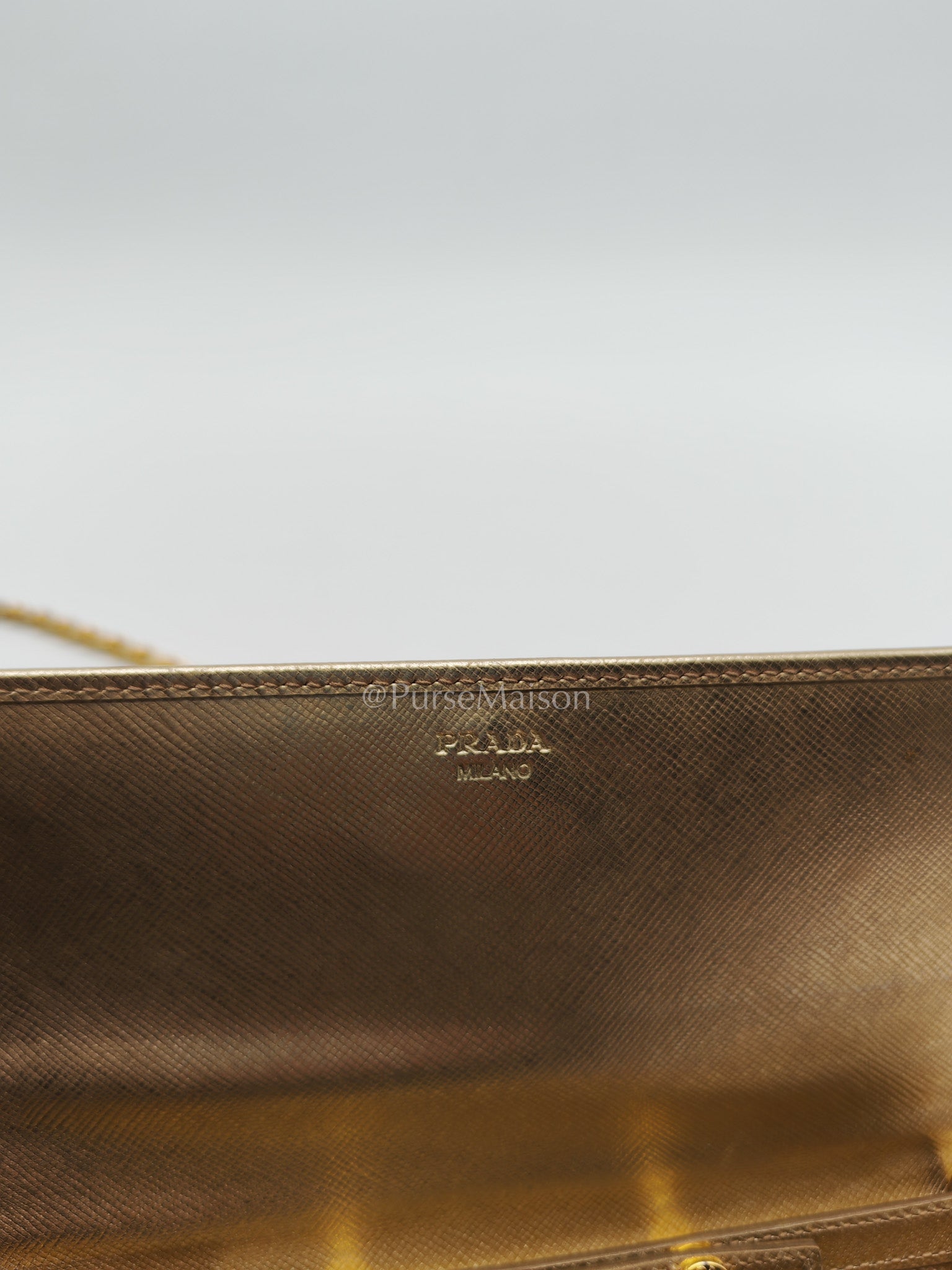 Prada Wallet on Chain Metal Oro in Gold Saffiano Leather and Gold Hardware | Purse Maison Luxury Bags Shop