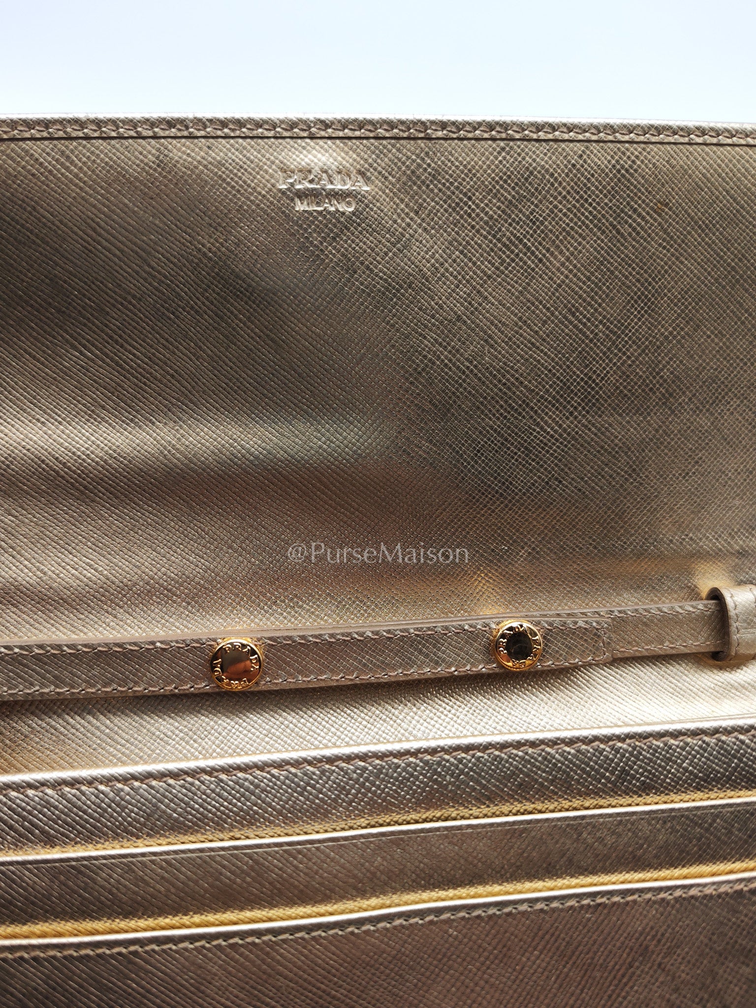 Prada Wallet on Chain Metal Oro in Gold Saffiano Leather and Gold Hardware | Purse Maison Luxury Bags Shop